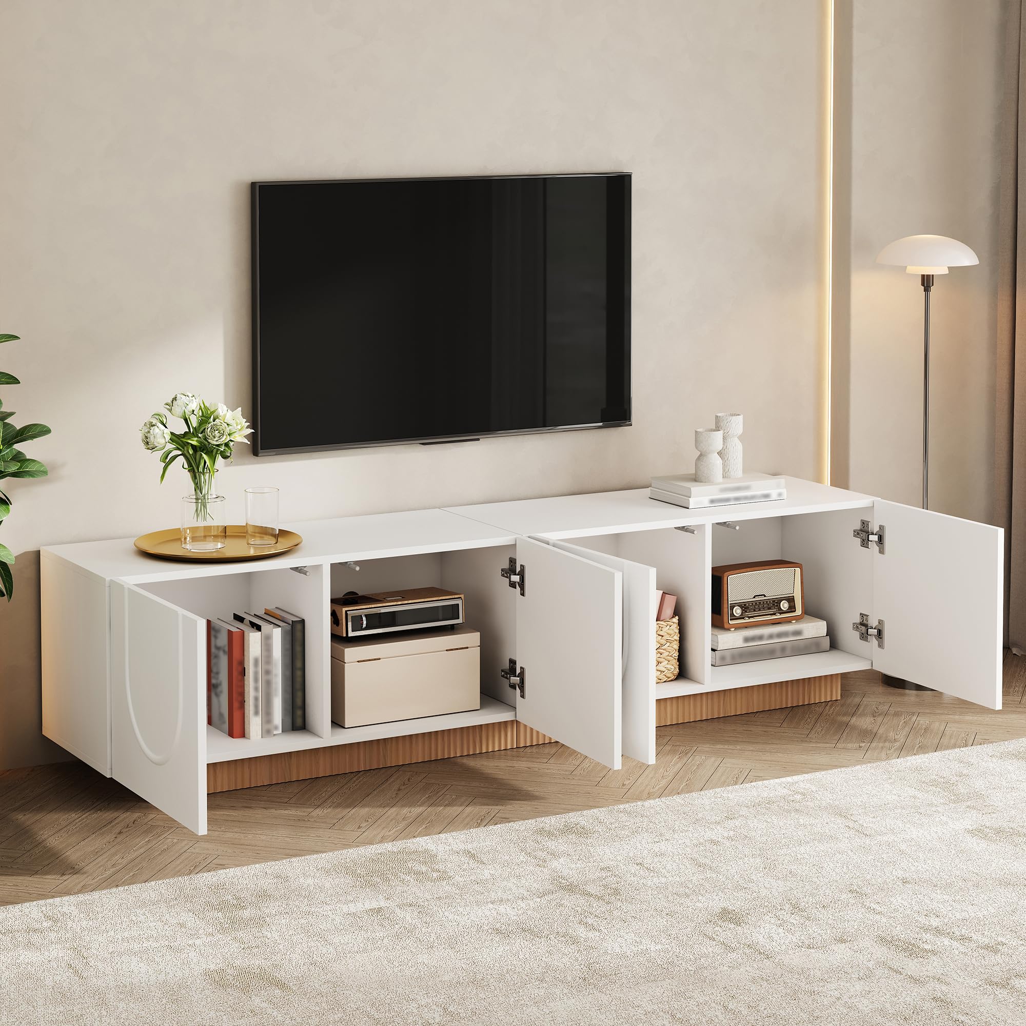 Szafka pod telewizor, nowoczesna szafka pod telewizor, do salonu, z drzwiami, nowoczesny design, kredens z miejscem do przechowywania, łukowy front