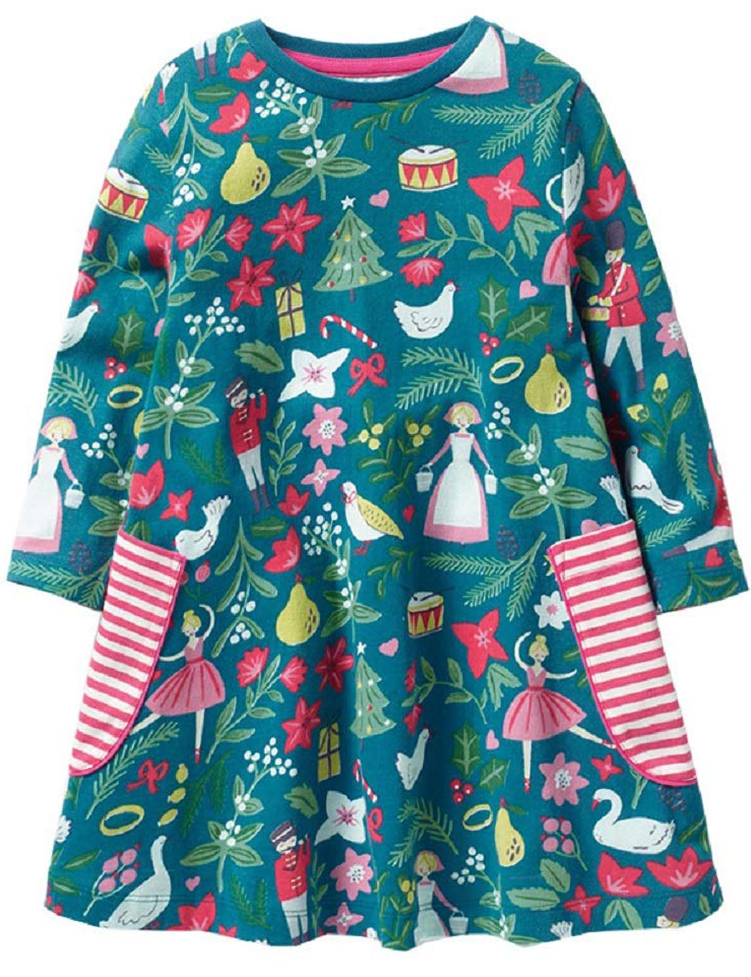 Toddler Girls Cartoon Applique Dresses Striped Casual Dress Cotton Jersey Longsleeve T-Shirt