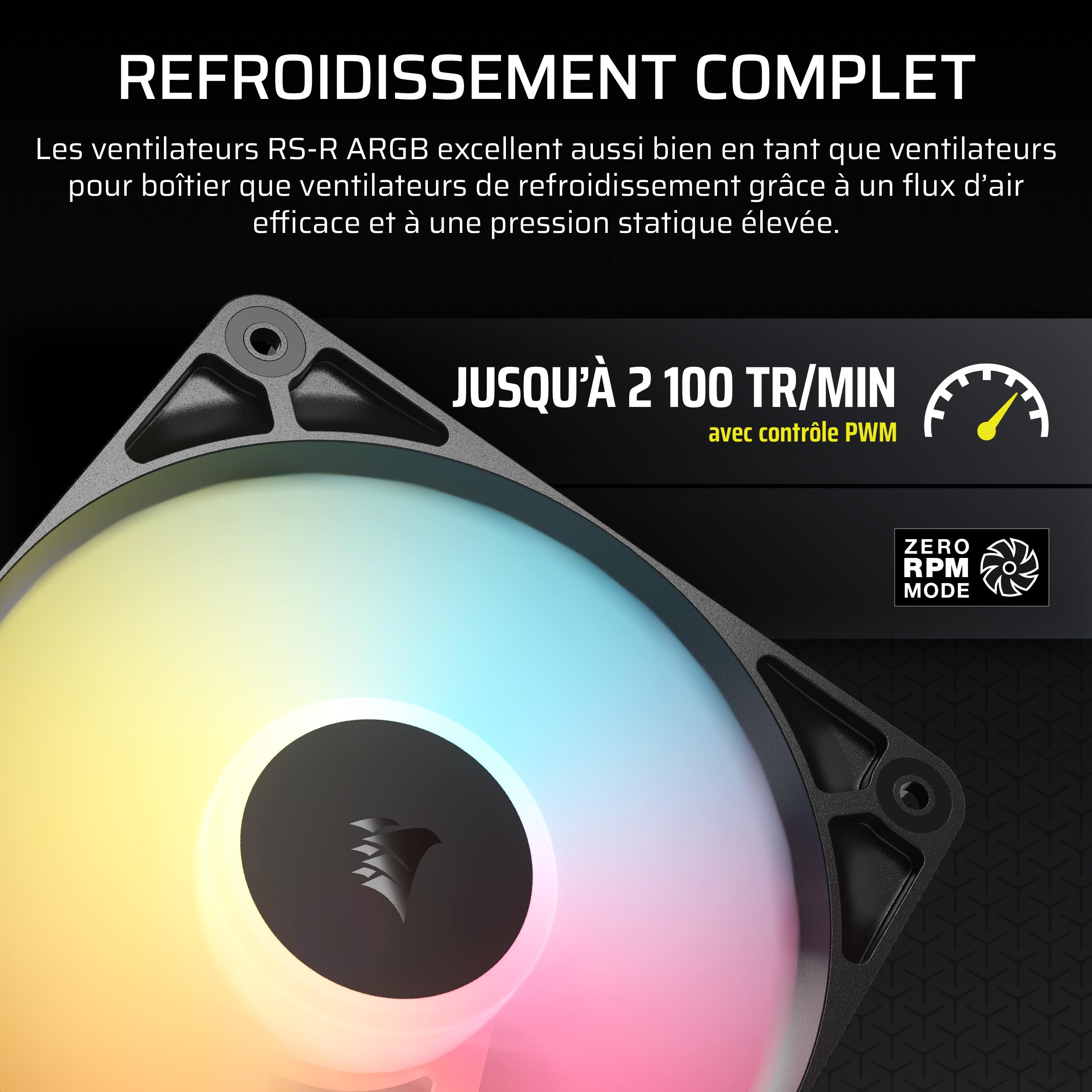 CORSAIR RS120-R ARGB 120mm PWM +5 ARGB Inversée Ventilateurs – Inversé Rotor, Huit RGB LEDs, Haute Pression Statique, Connecteurs en Série, Roulement à Dôme Magnétique – Pack Triple – Noir