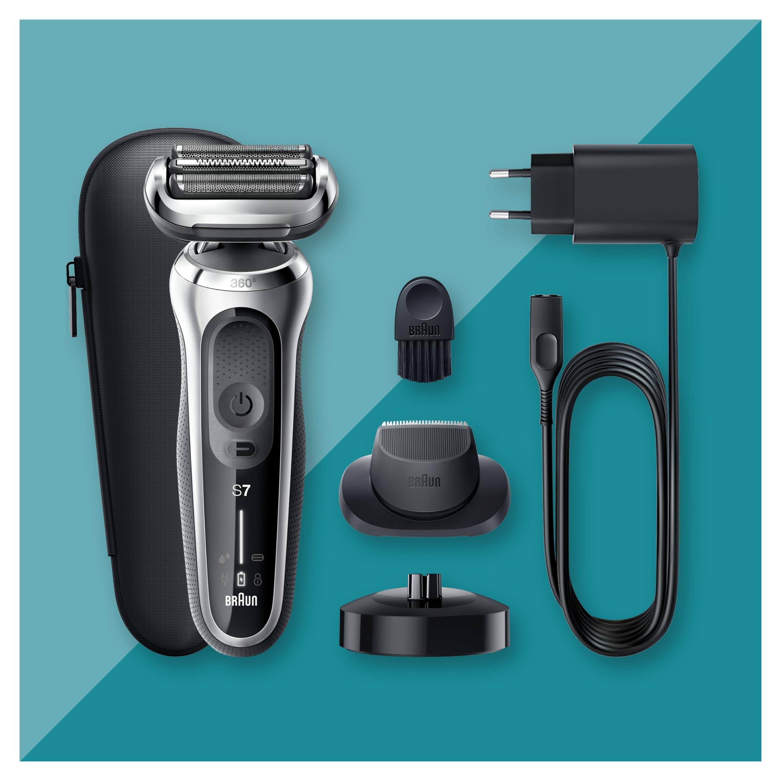 Braun Series 7 Elektrorasierer 360° Flex mit EasyClick Präzisionstrimmer, Rasierer Herren mit Aufsatz, Wet und Dry, Made in Germany, 71-S4200cs, silber