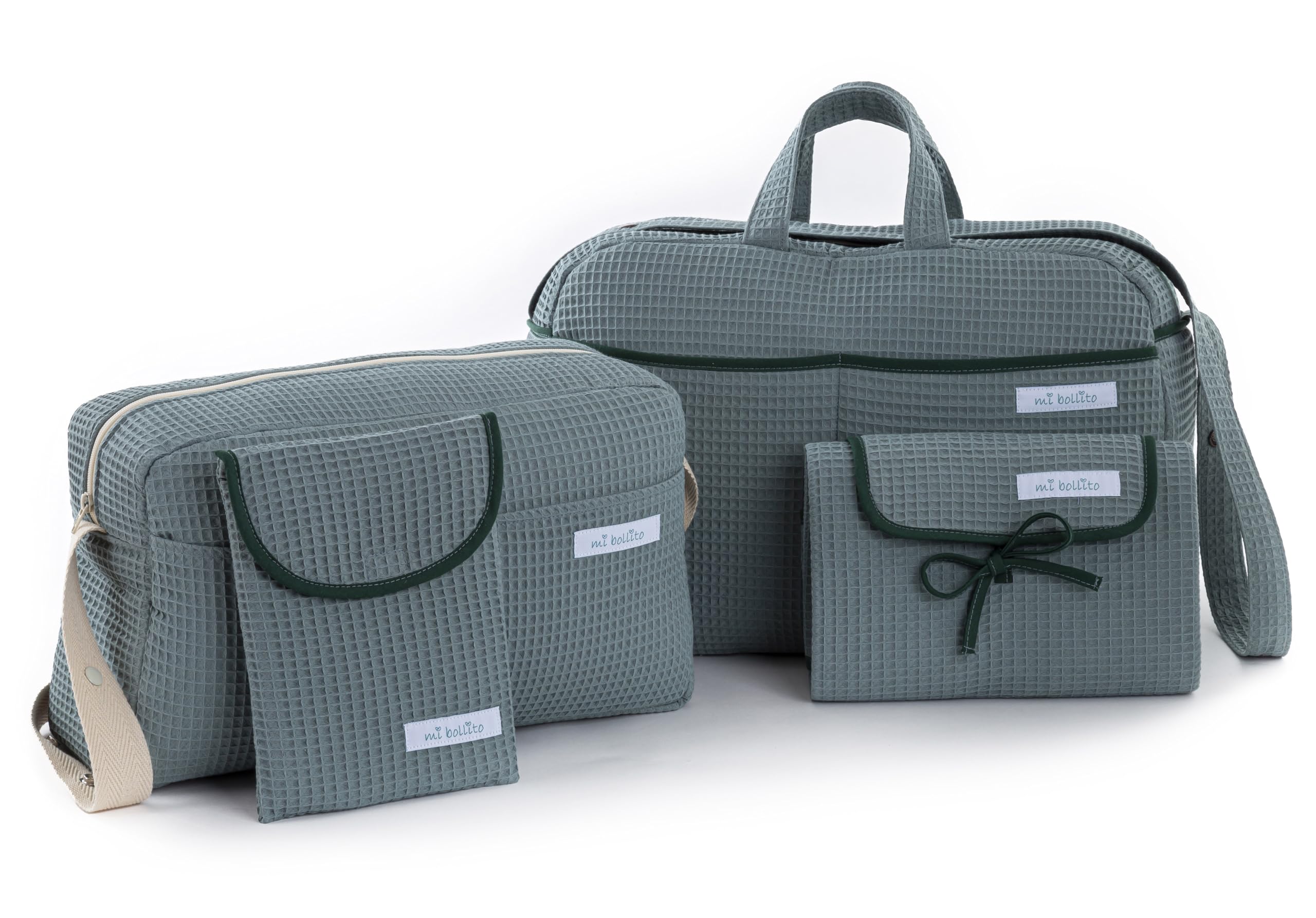 Pack Esencial para Mamás, Papás y Bebés: Bolsa de maternidad, bolso de paseo, cambiador portátil y organizador de pañales y toallitas. Fabricado en España. (Verde)