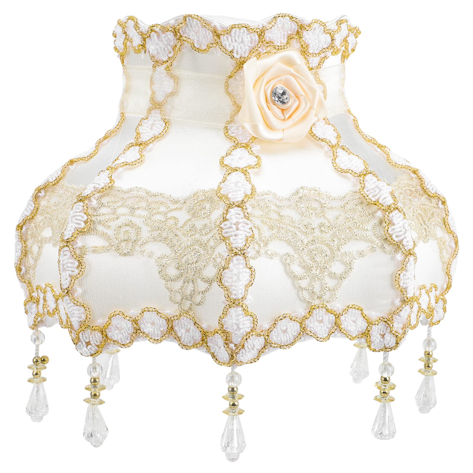 Vintage E27 Fabric Lamp Shade, Large Lamp Shade Royal Scallop Bell Shape Lampshade Lace Floral Beaded Light Shade Replacement for Table Desk Lamp