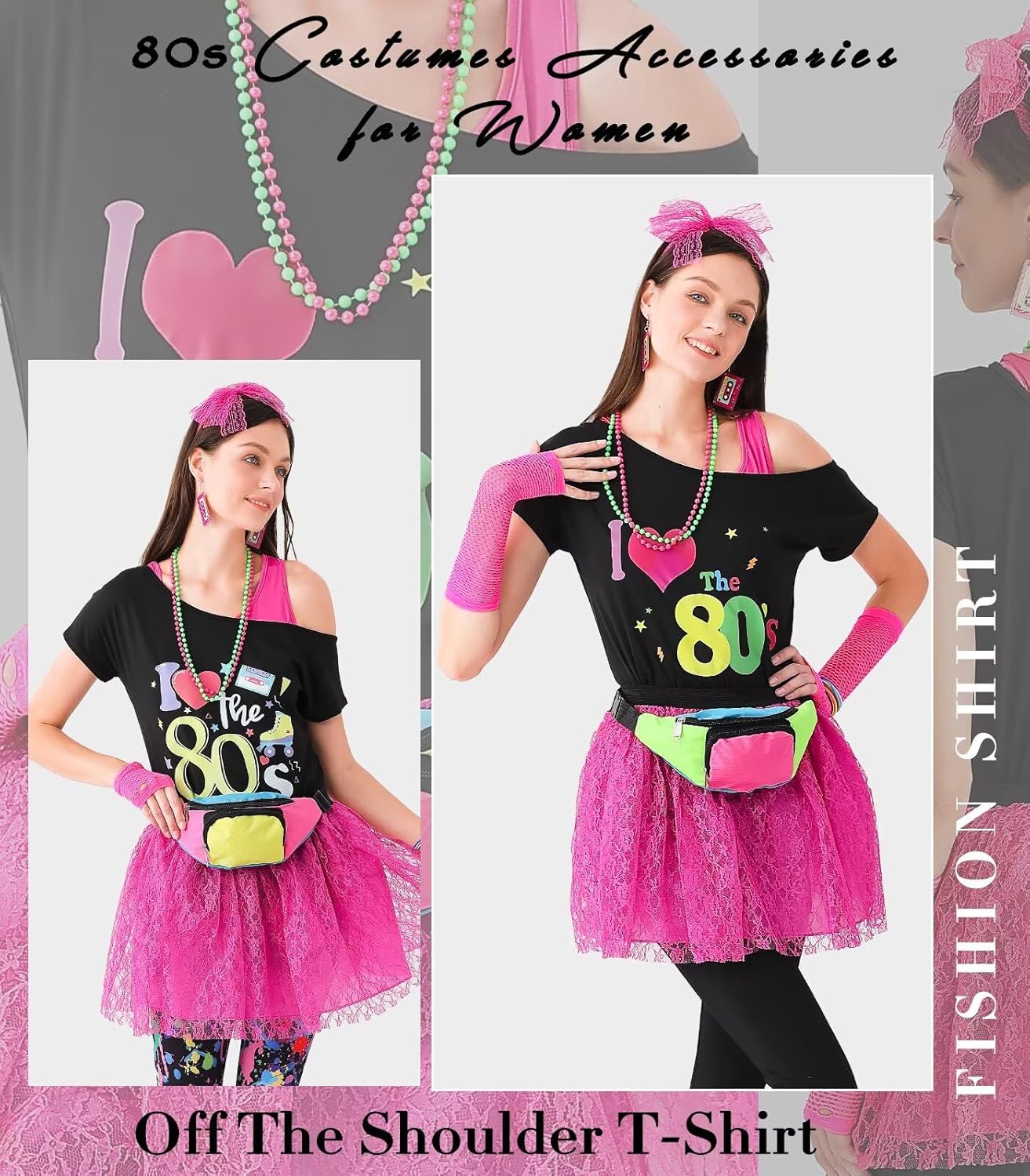 80s Outfit Women Costume Accessories Set, T-Shirt Tank Top Leggings Tutu Skirt Fanny Pack for Halloween, 80s Neon Party - Image 6