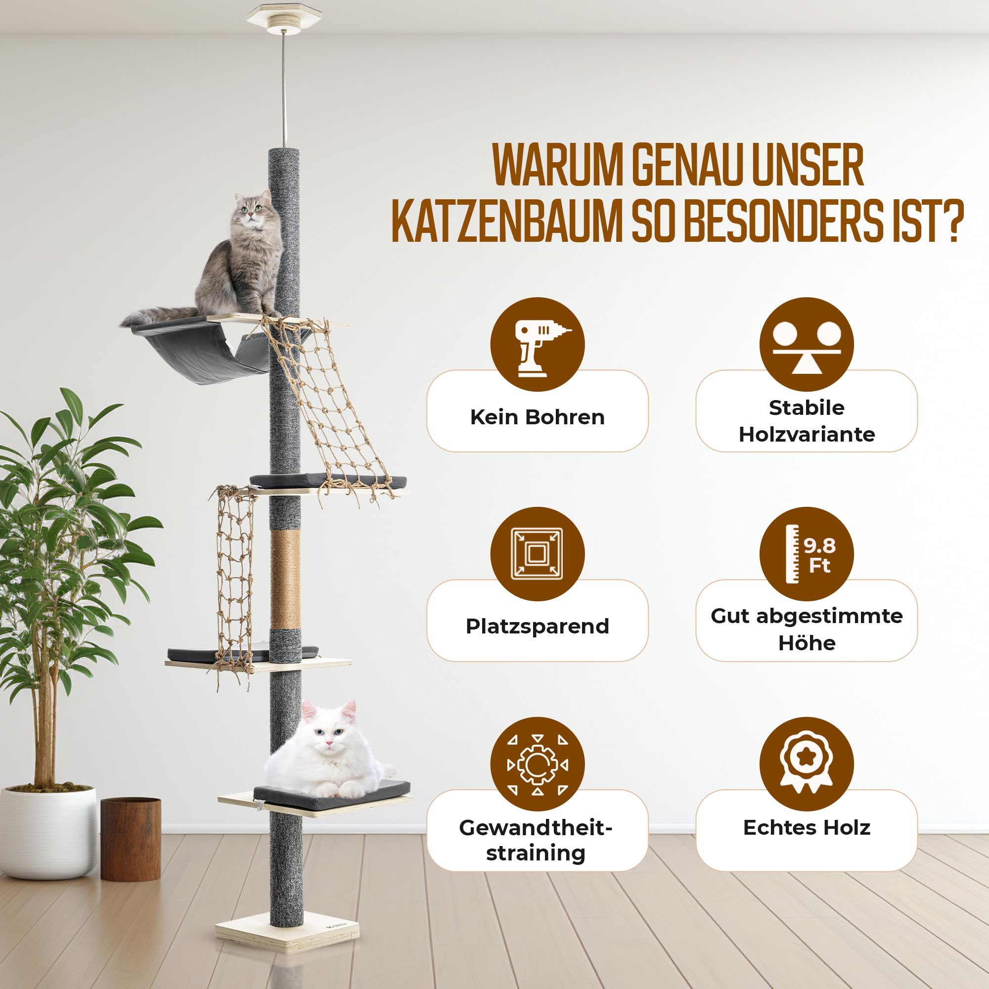 Kratzbaum Deckenhoch mit Hängematte & Kletternetz| Höhenverstellbar 236–270 cm | Kratzbaum Deckenspanner mit 5 Plattformen | Schmal & platzsparender Indoor-Kletterturm aus Holz für Katzen