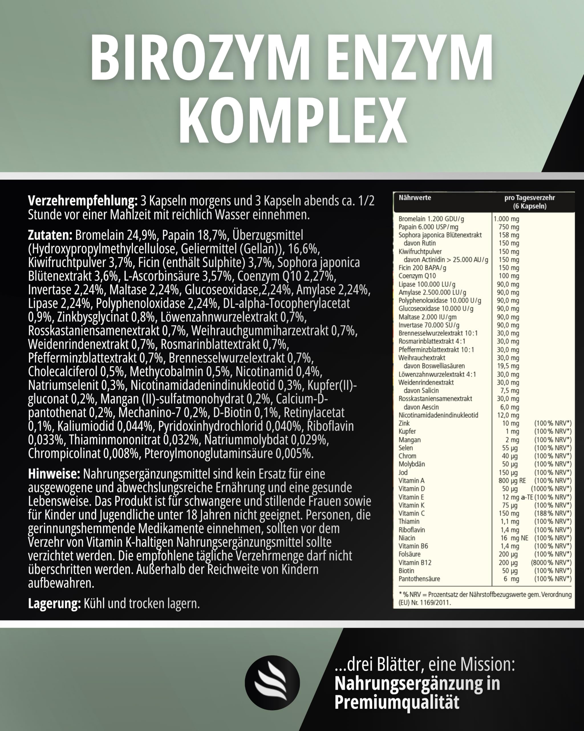BIOMENTA BIROZYM Enzym Komplex I 180 Kapseln mit 2650 mg reinen Enzymen pro Einheit I 13er Multi Frucht Enzyme mit Bromelain & Papain I Vegetarische Premium Nahrungsergänzungsmittel I Ohne Zusätze
