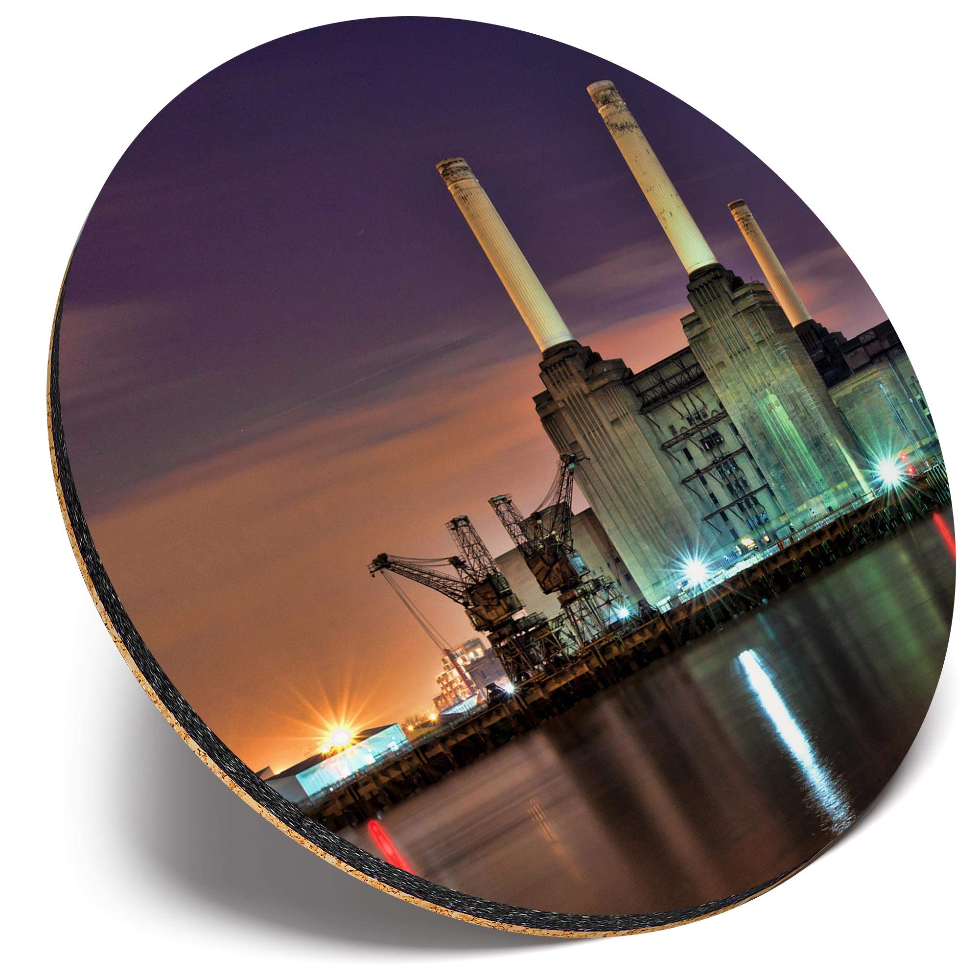 Destination Vinyl Ltd Multicolor Round Single Coaster - Battersea Power Station At Night |Glossy Quality Coasters | Tabletop Protection For Any Table Type #44232