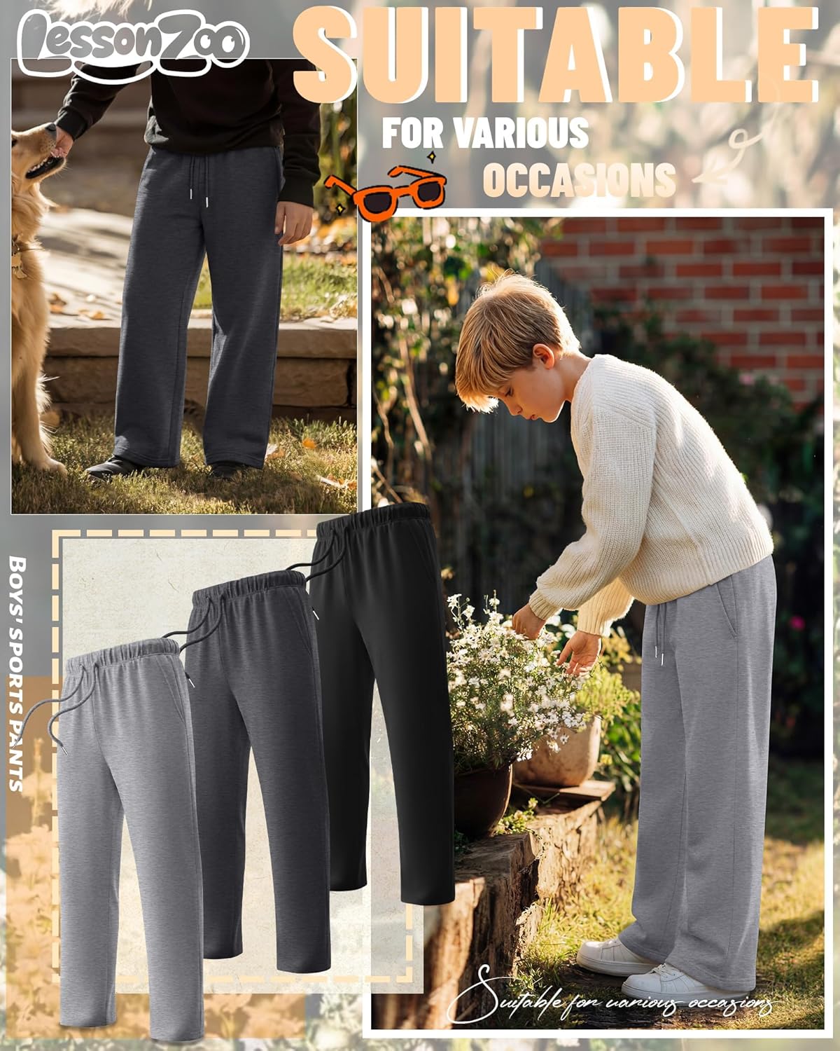 3 Pack Boys Sweatpants Teen Straight Leg Athletic Drawstring Joggers Casual Kids Open Bottom Pants with Pockets(Light Mixed Gray, Dark Mixed Gray, Black,Medium)