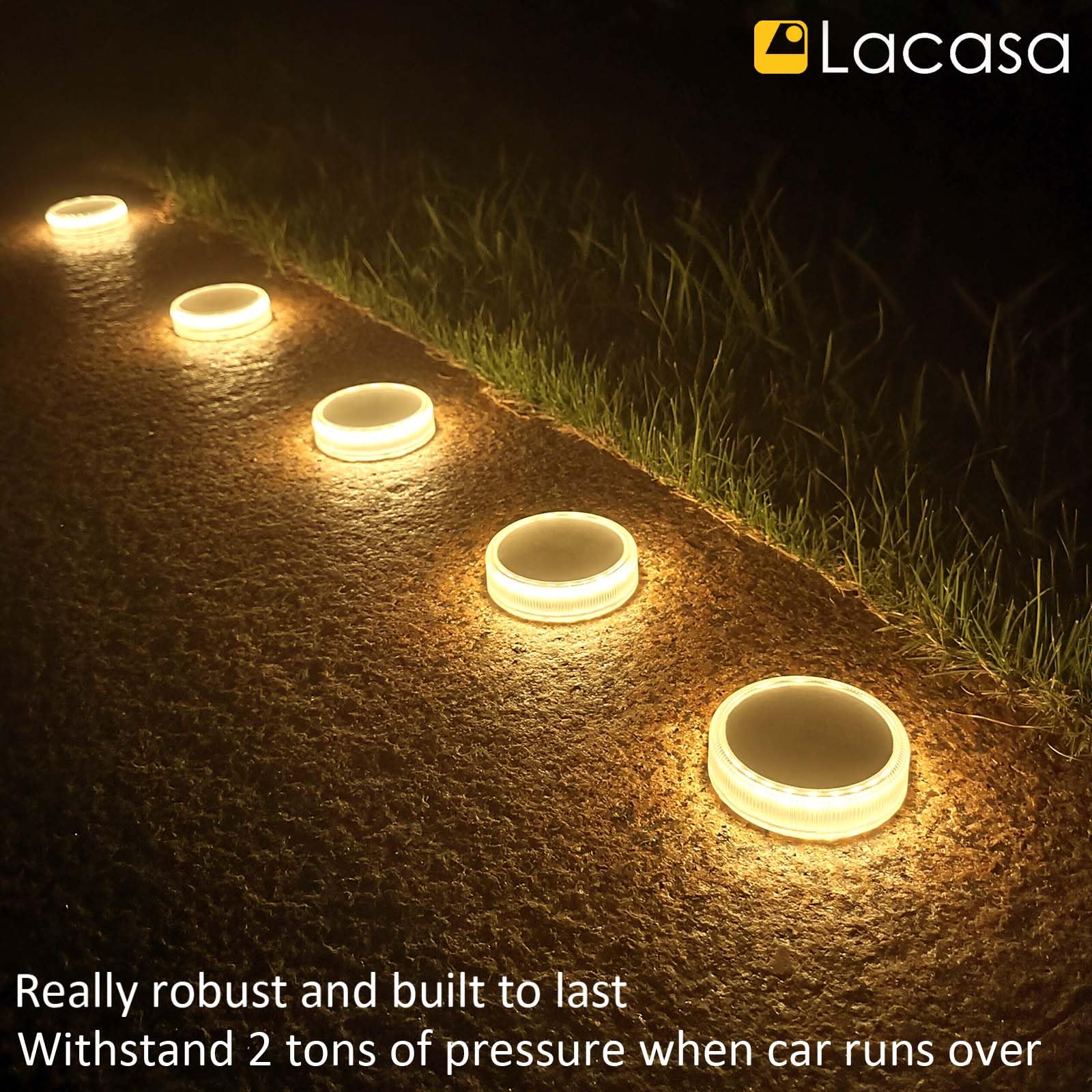 Lacasa Luces Solares Jardin, 4 Pack 30LM LED Lámpara Solar Exterior IP68 Impermeable Luz Solar del Piso Auto ON/OFF Lámparas Solares para Step Camino Deck Dock Valla, Blanco Cálido 2700K Redondo