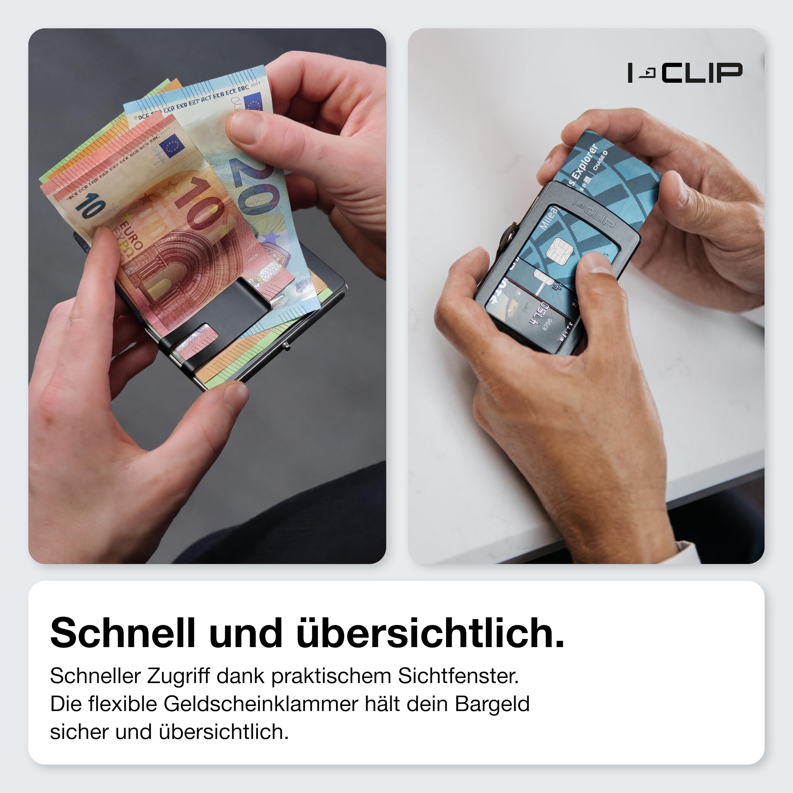 I-CLIP Original Herren Geldbörse – Slim Wallet mit Geldklammer – Mini-Portemonnaie mit Platz für bis zu 12 Karten – Ultraleicht mit nur 22g – Soft Touch Leder Oak – Schwarzer Rahmen