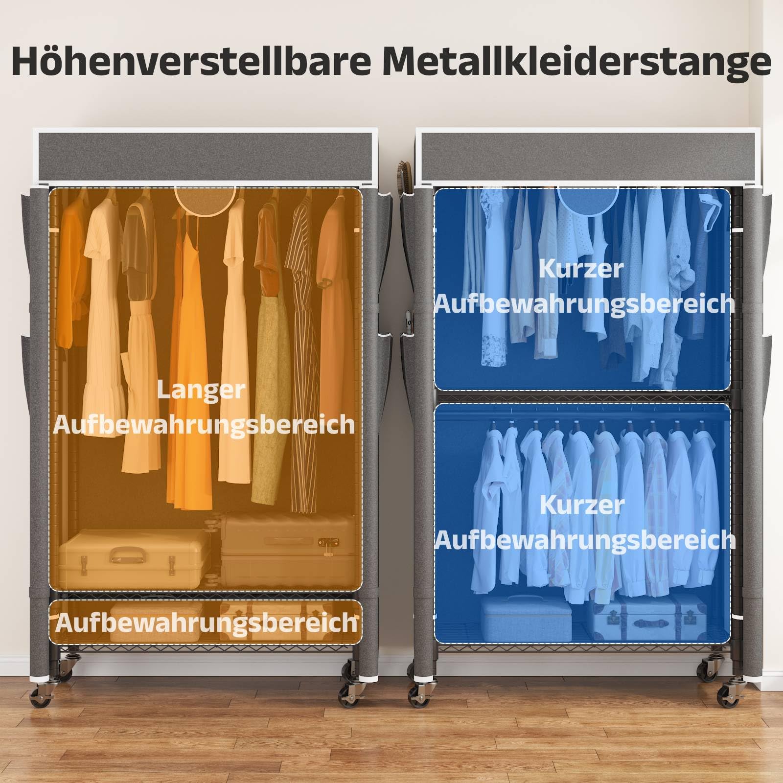 Himimi Kleiderständer mit Abdeckung Schwerlast Kleiderständer auf Rollen und Ablage Höhenverstellbar Stabil Metall Kleiderstange mit 2 Kleiderstangen und 4 Seitentaschen 90 * 45 * 205cm Grau