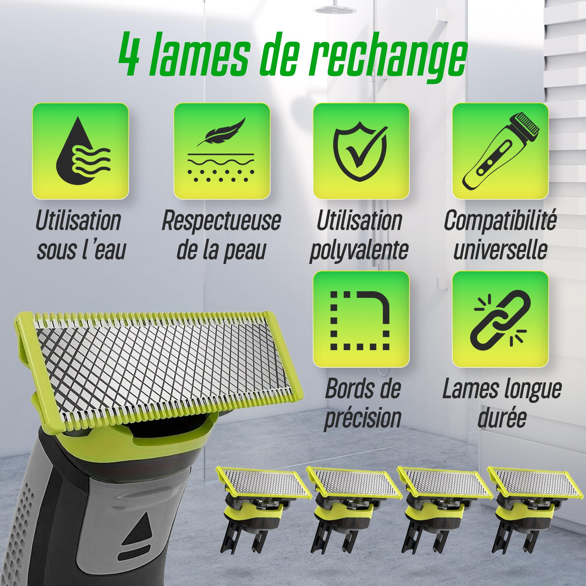 Kit de 4 Lames + 3 Sabots Guide + 1 Étui Compatible avec OneBlade – Ensemble de Rechange pour Rasoir Barbe et Corps – Rasage Précis, Doux et Sans Irritation – Facile à Installer et à Nettoyer