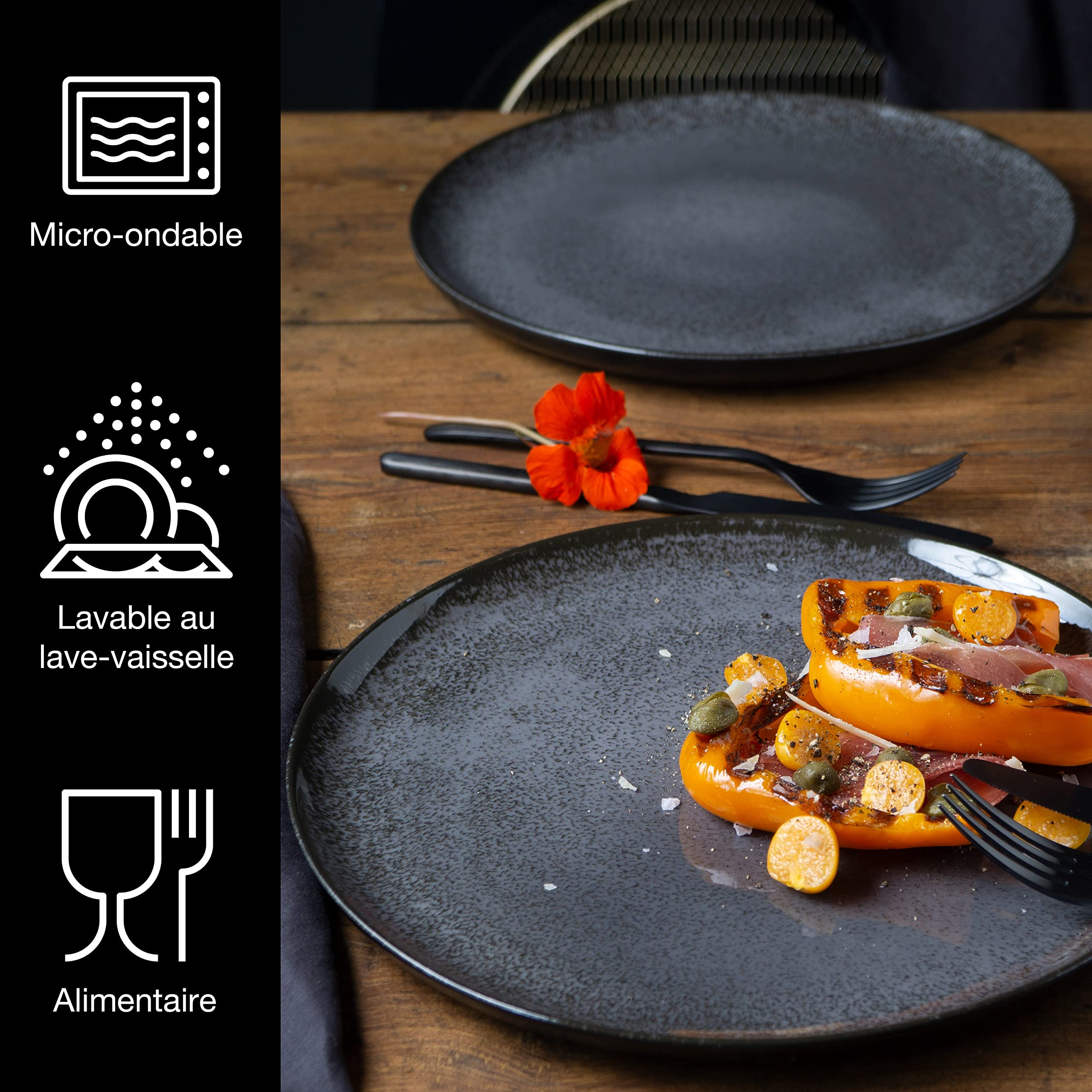 Moritz & Moritz VIDA Lot de 6 assiettes à dîner Anthracite - Assiettes pour 6 personnes - Porcelaine passe au lave-vaisselle et au micro-ondes