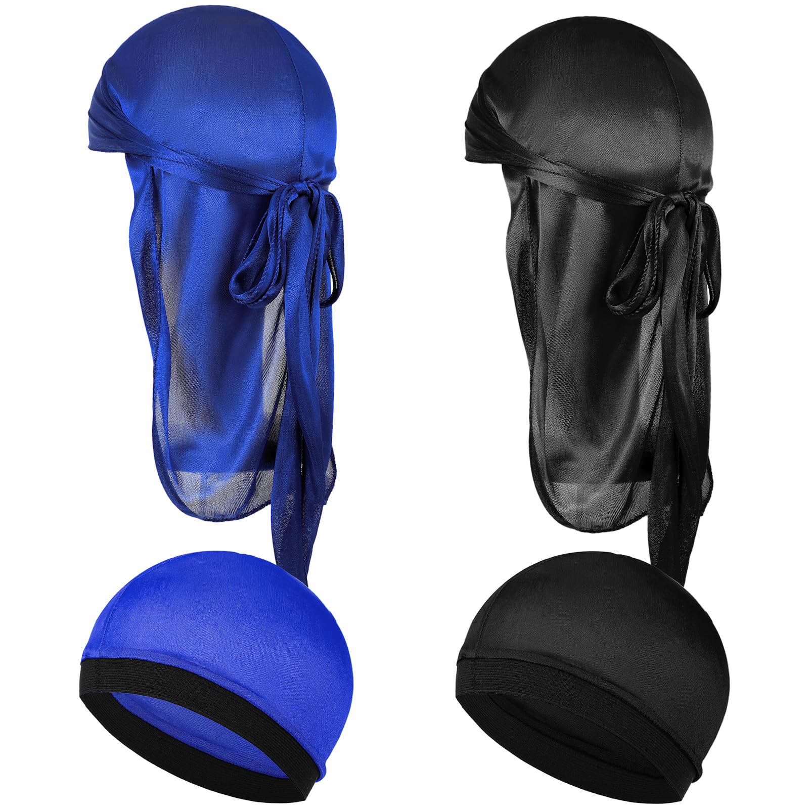 4Pcs Kids Silky Durag with Wave Caps Set Silky Satin Durag Extra Long Tails Long Tail and Wide