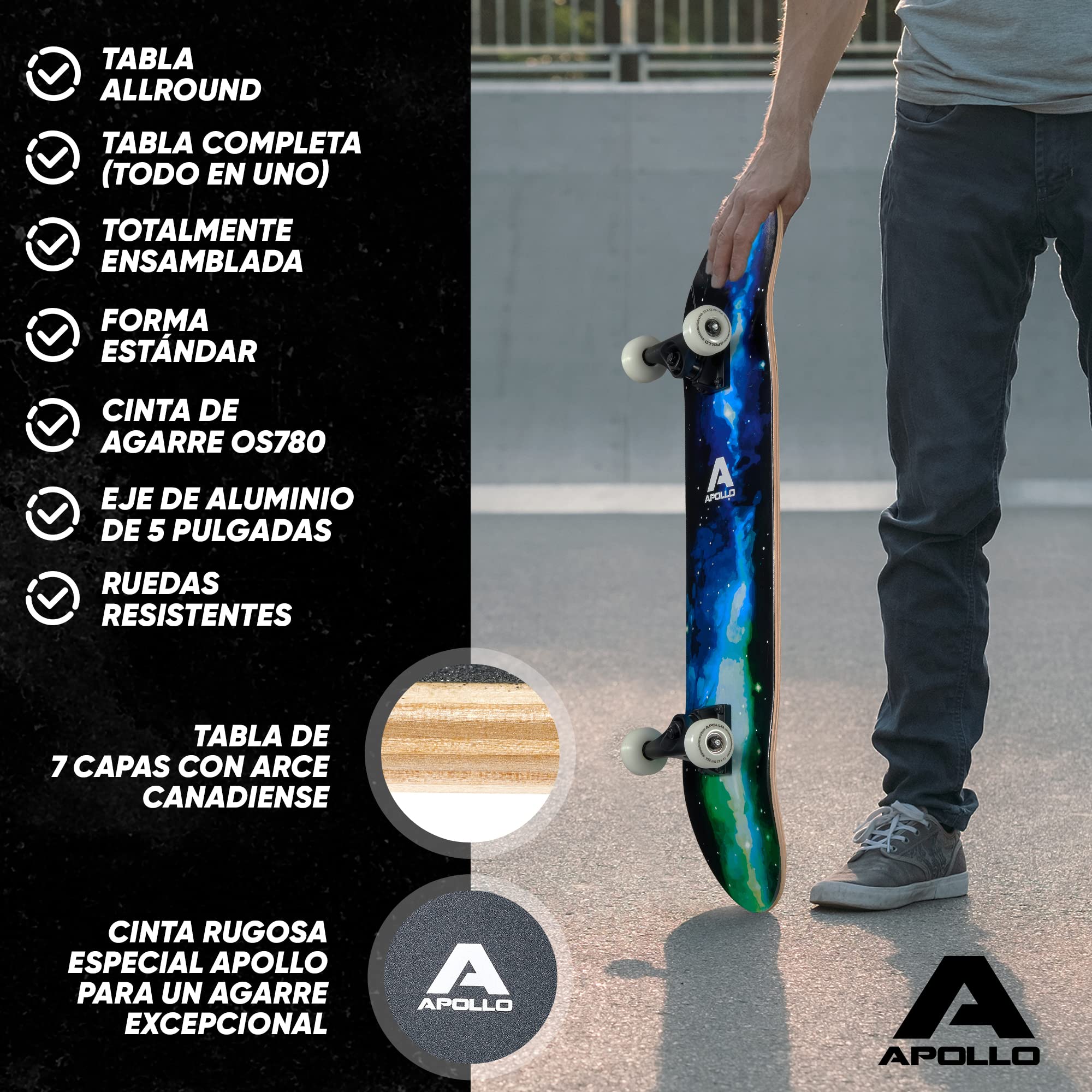 Apollo Skateboard Niño | Monopatín Niño y Skateboard Adulto Todo en Uno | Tabla de Skate de 7 Capas, Moderna, Cóncava Media, Rodamientos ABEC-7 | Conducción Ideal con Cada Estilo