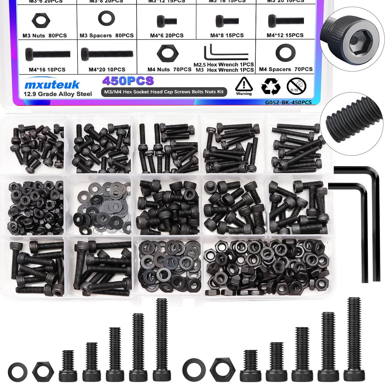 mxuteuk 720PCS M3 Screws Kit,M3×6/8/10/12/16/20mm M3 Screws Assortment Kits,12.9 Alloy Steel M3 Hex Socket Head Bolts Nuts Washers Set Suitable for 3D Printer,DIY — Amazon image 24