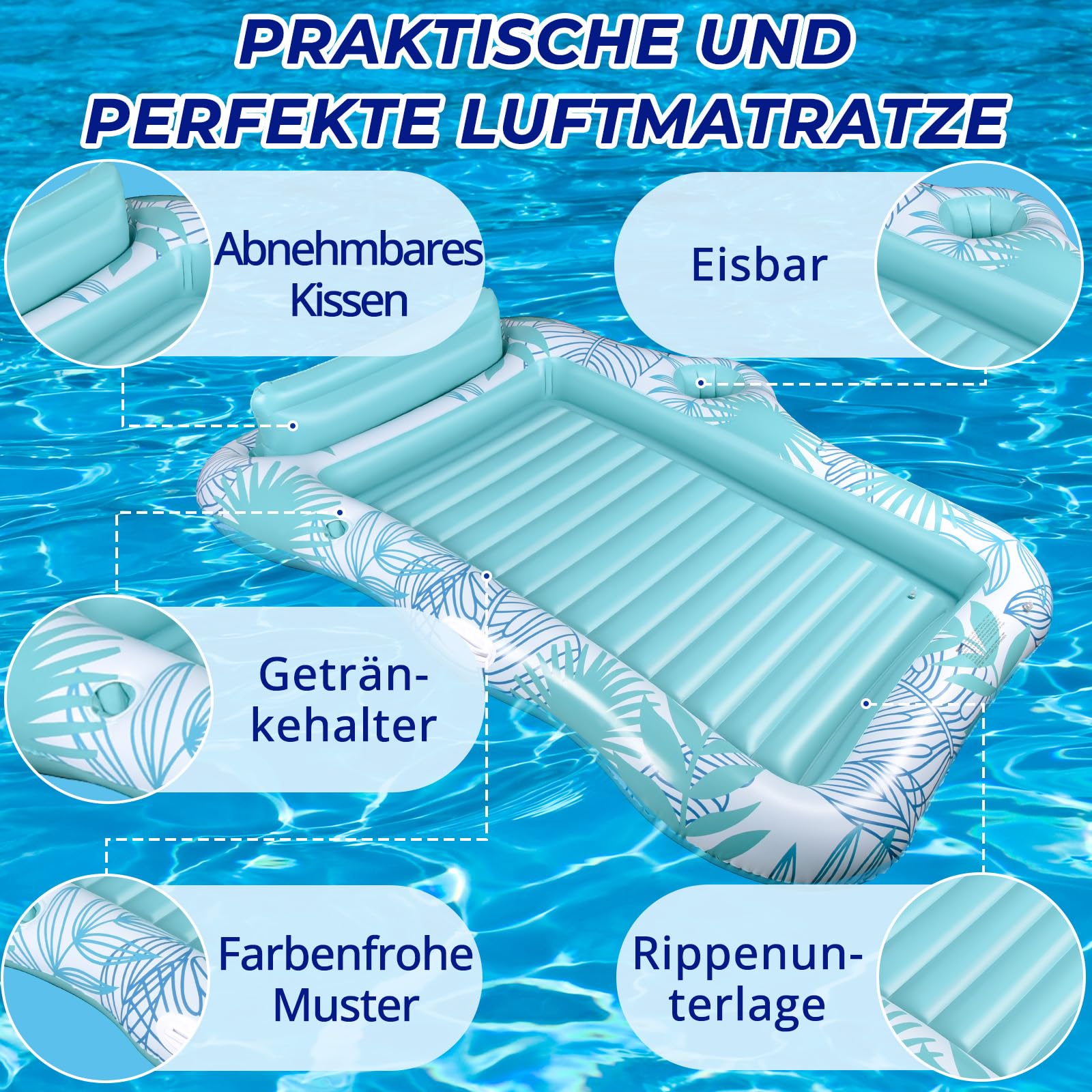BuzzoXerex Aufblasbares Sonnenpool, Doppelte Deluxe Tanning Pool Groß Wasserhängematte Erwachsene Aufblasbarer Luftmatratze Pool mit Kopfstütze & Getränkehalter für Sommerpool Strand