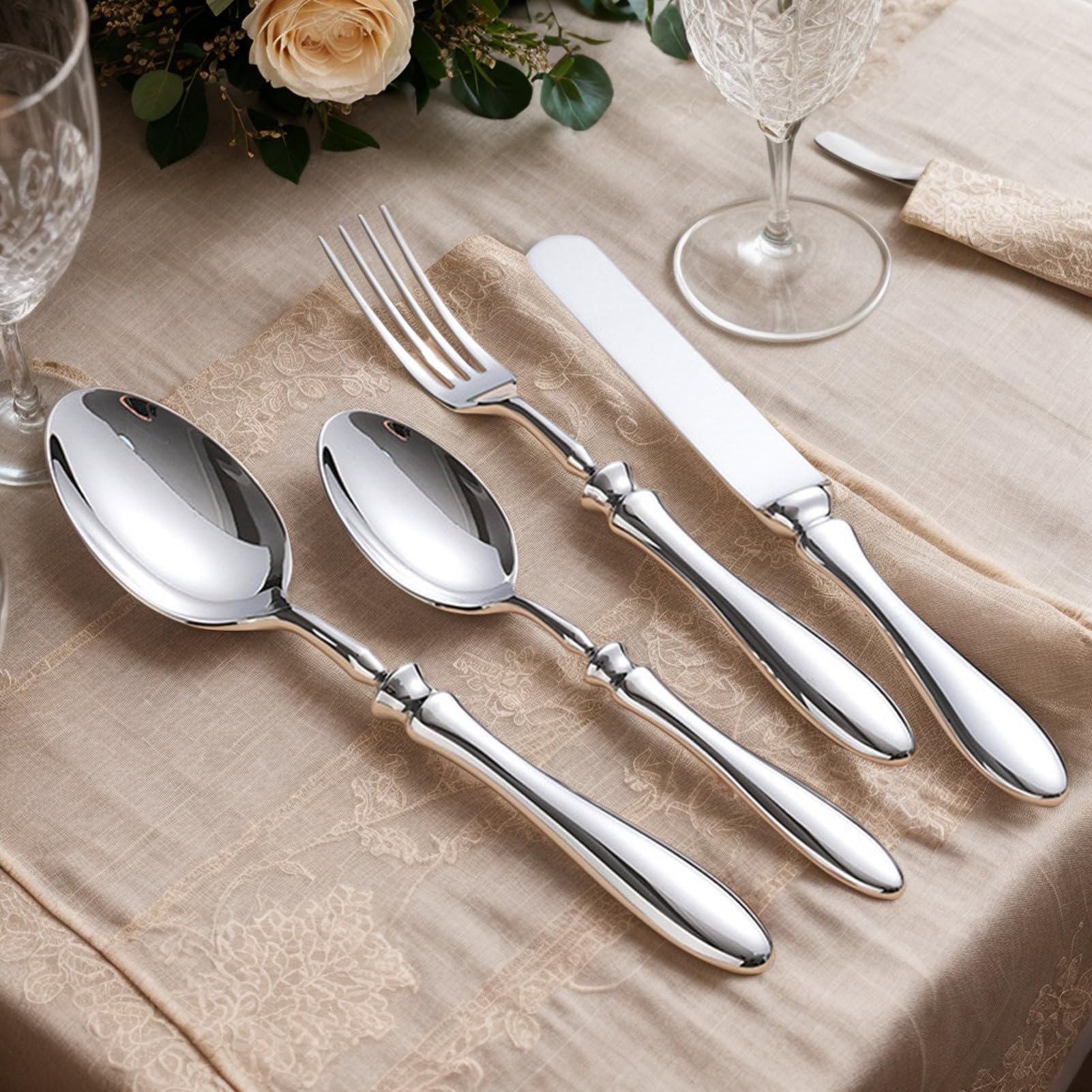 Besteck-Set Polierter Edelstahl Besteck Steakmesser Gabel Löffel | Besteck-Utensilien-Set für Abendessen Hochzeit Camping Picknick Restaurant Buffet Outdoor Salat Steak Dessert Suppe