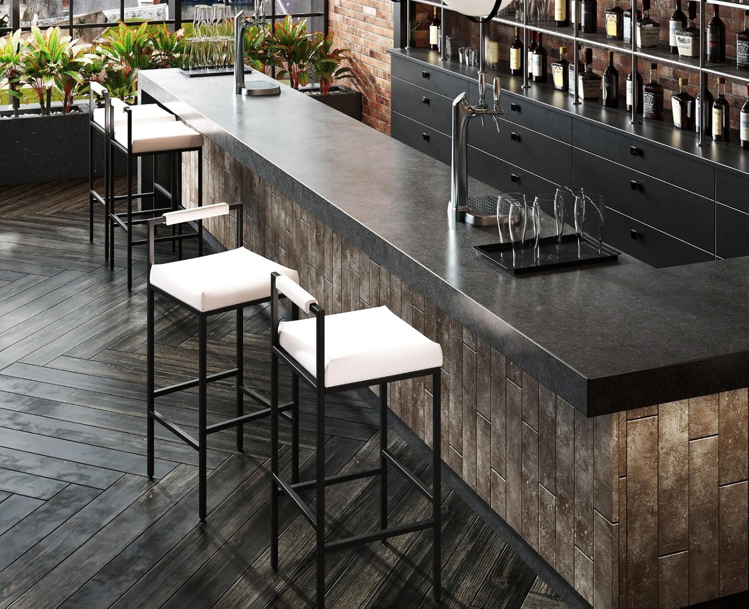Shunzhi White Modern Bar Stools Set of 4 Upholstered Industrial Bar Height Barstools with Back/Metal Legs Square Tall Bar Chairs Linen Counter Stools for Home Bar/Kitchen Island/Pub,30 Inch