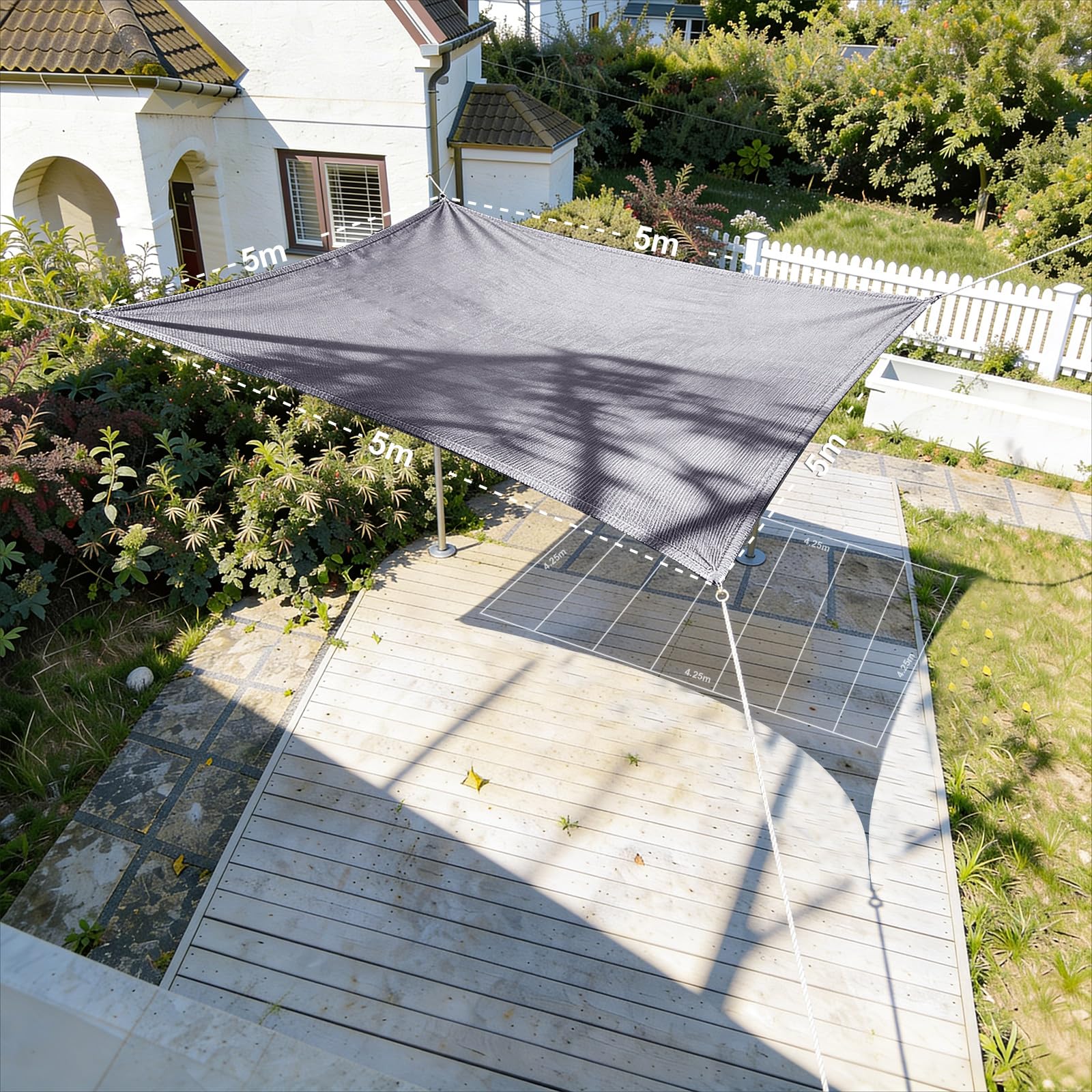 HAIKUS Sonnensegel 5x5 m Quadratisch, Premium HDPE UV Schutz Sonnenschutz Atmungsaktiv Wetterbeständig für Garten Balkon und Terrasse, inkl Befestigungsseile, Quadrat 5x5m Hellgrau