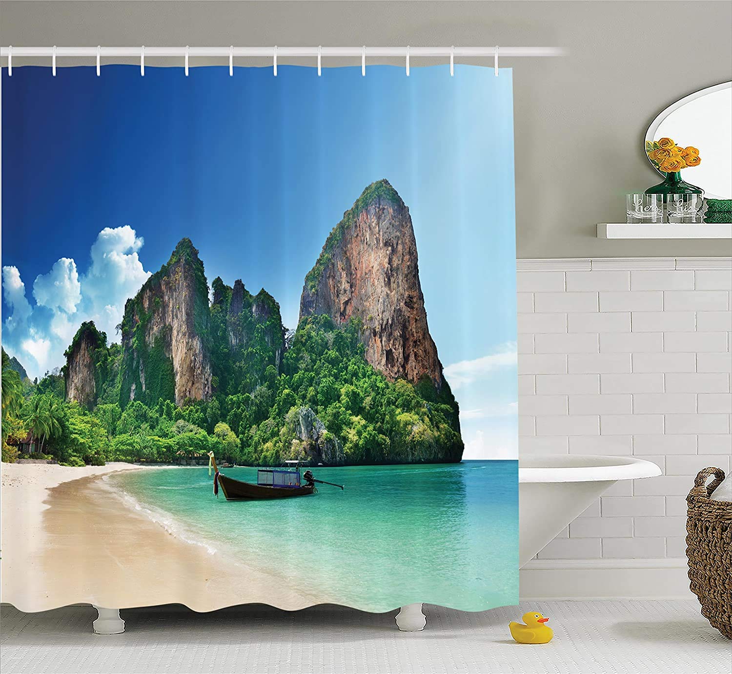N/ 90 Tropical Decor Shower Curtain Railay Beach In Krabi Thailand Small Boat Crystal Water Rock Cliff Tropical Landscape Bathroom Accessories Bule Green 183 * 183Cm