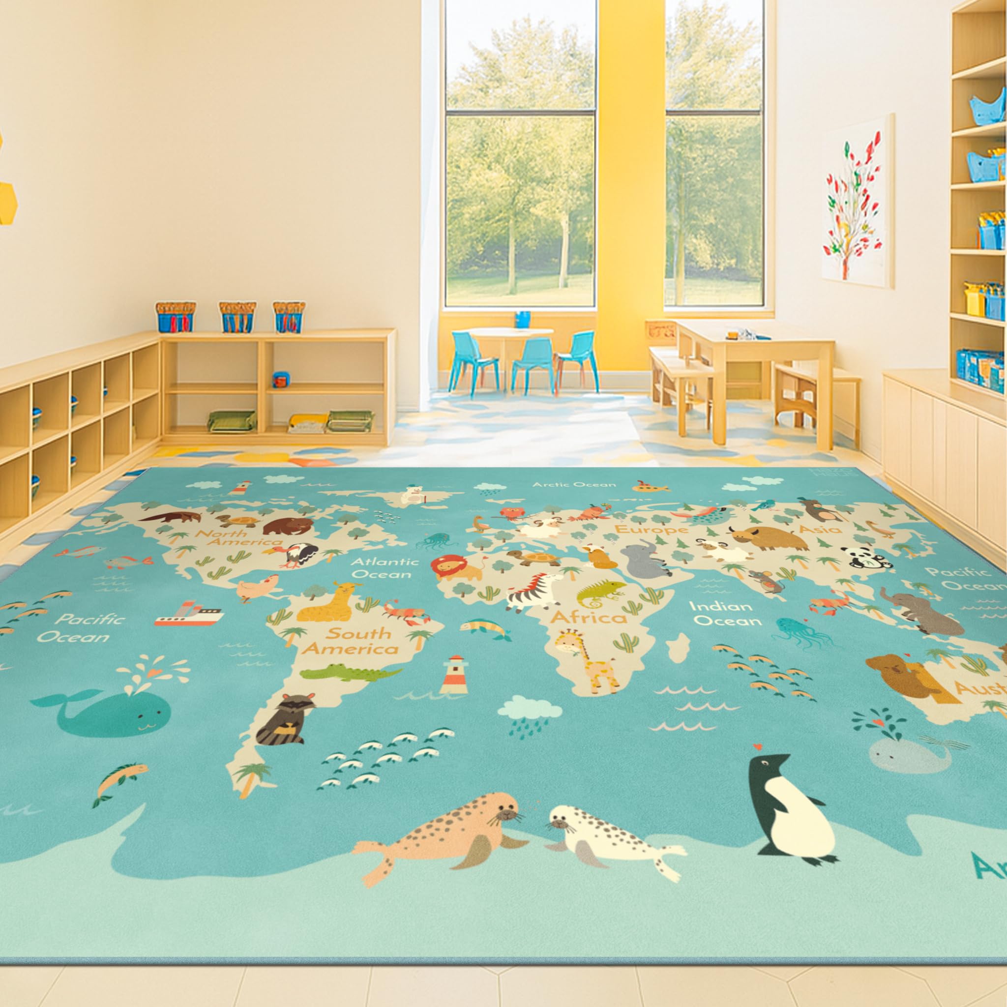 Photo 1 of Large 8x10 Playroom Rugs - Kids Area Rug for Classroom Elementary, Bedroom, Living Room, Washable Soft Cute World Map Carpet with Ocean, Continents & Animals