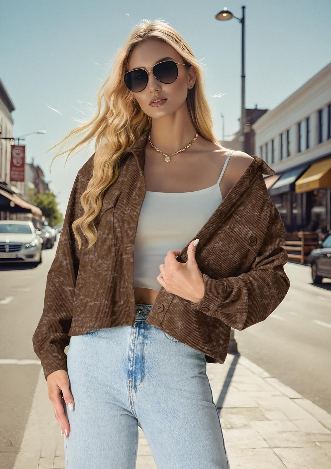 IWOLLENCE Women's Cropped Shacket Jacket Fashion Button Down Corduroy Shacket Jackets Casual Crop Shirts Fall Coat Tops - Image 2