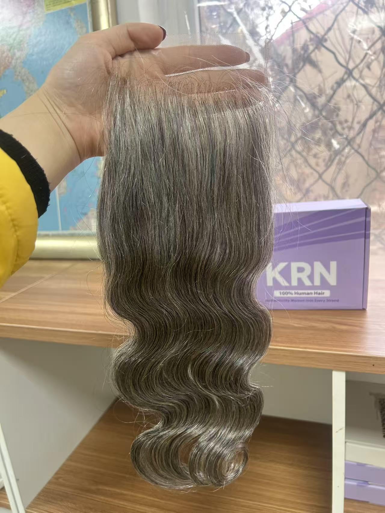 Photo 1 of KRN Grey Human Hair Closure 5x5 Transparent Lace Closure Body Wave, 100% Unprocessed Salt and Pepper 12A Grade Brazilian Virgin Human Hair Gray and Black Color 14 Inch