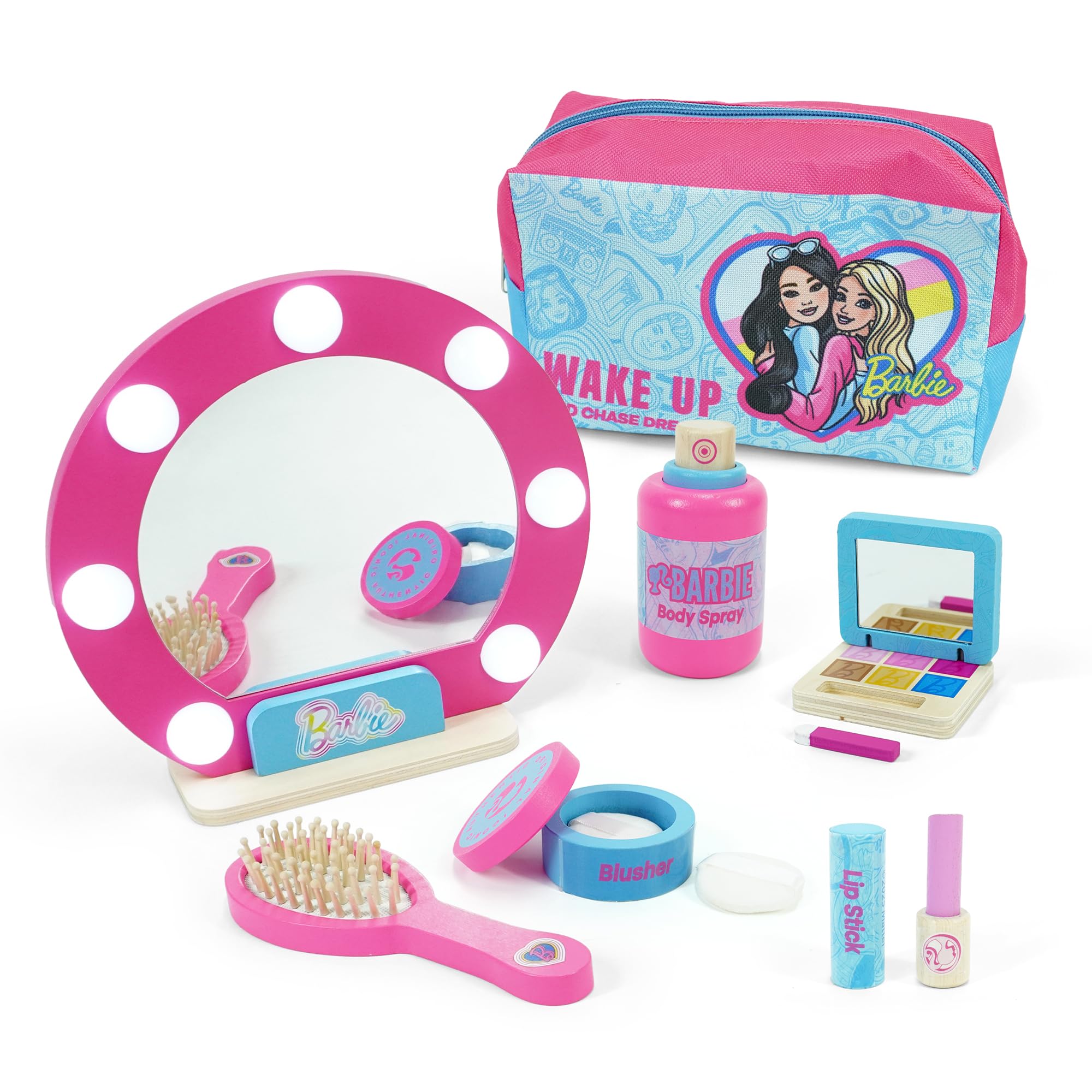 Barbie Wooden Toy Set with Mirror & Carry Case – Pretend Play Beauty Set for Kids – Includes Brush, Lipstick, Blusher, Eyeshadow, Body Spray & Accessories, Pink Vanity - Makeup Set