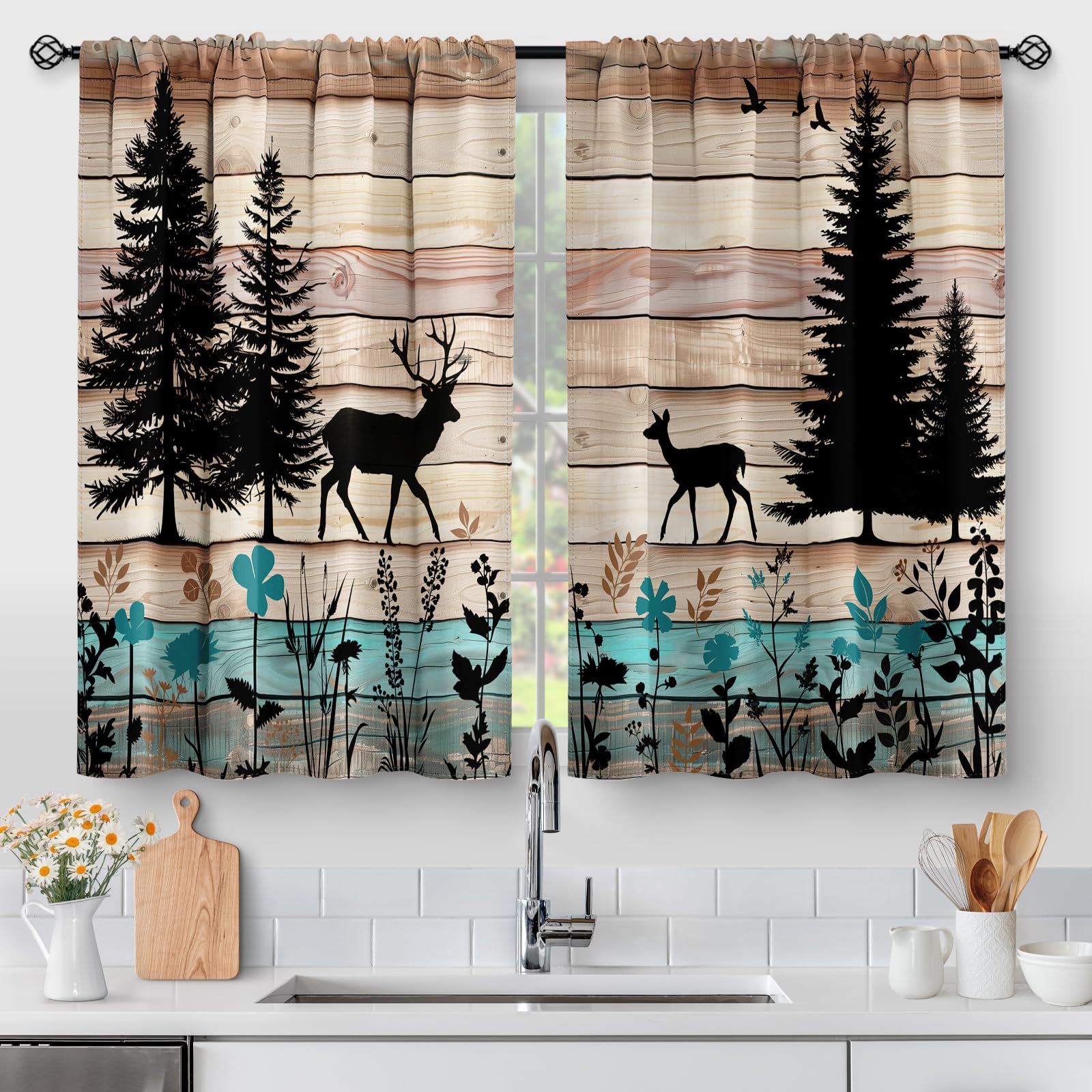 Aimego Forest Deer Kitchen Curtains - Wood Retro Teal Cafe Country Rustic Small Short Tier Window Curtains for Bathroom Living Room Decor Rod Pocket