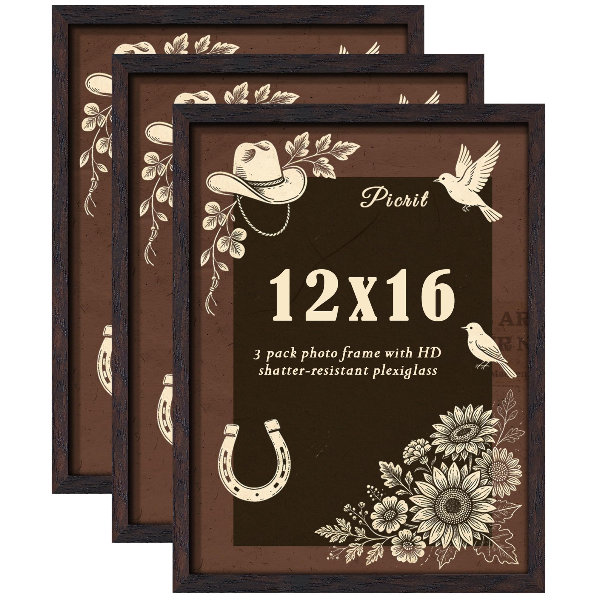 Picrit 12x16 Picture Frame 3 Pack, Wall Mount Display, Walnut Wood Grain