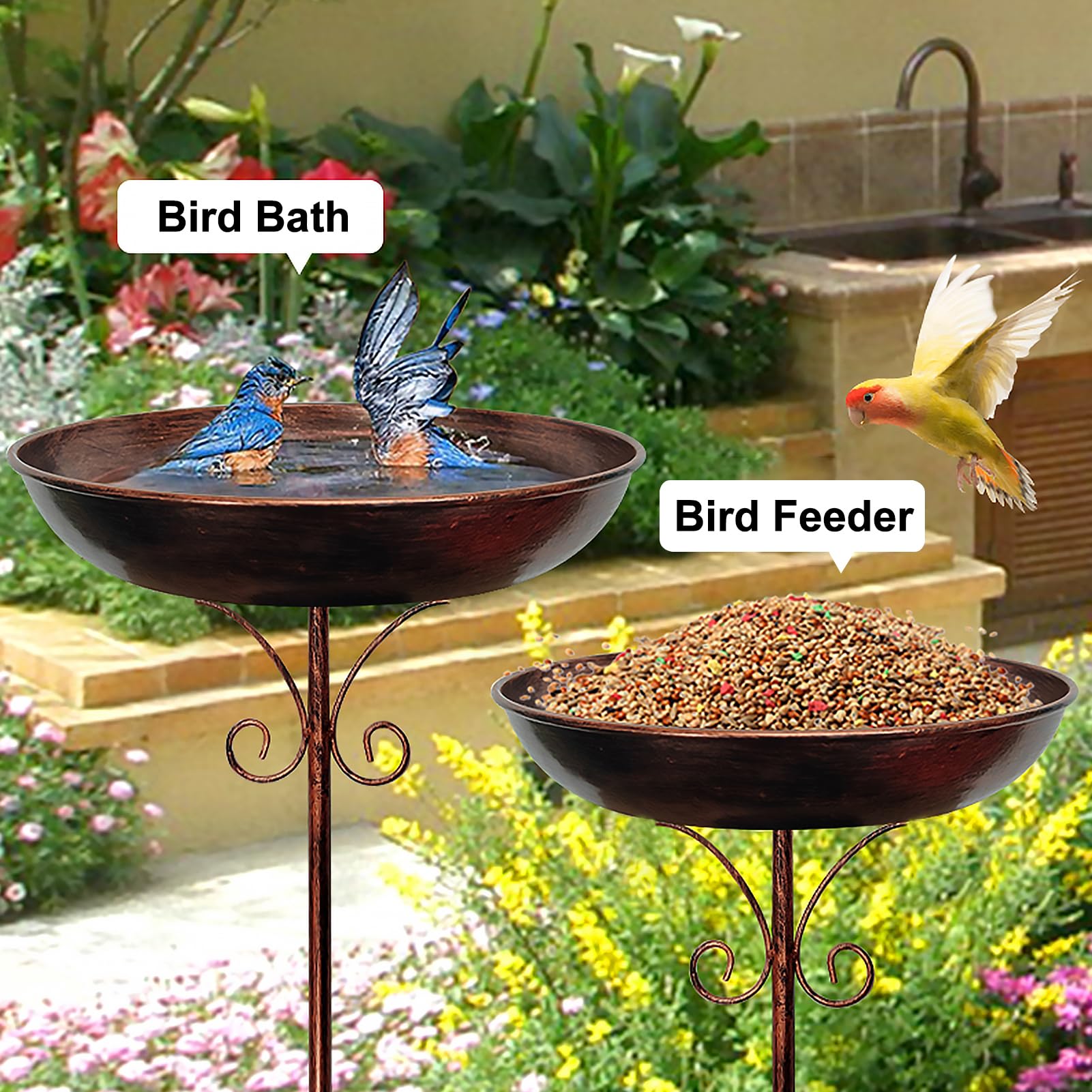 Restorgan Bird Bath for Garden, 32In Metal Vintage Freestanding Birdbaths & Supports, Upgraded 5-Pronged Base, Bird Baths Feeder Bowl for Outdoors Garden Patio Yard Lawn Decor — view 3