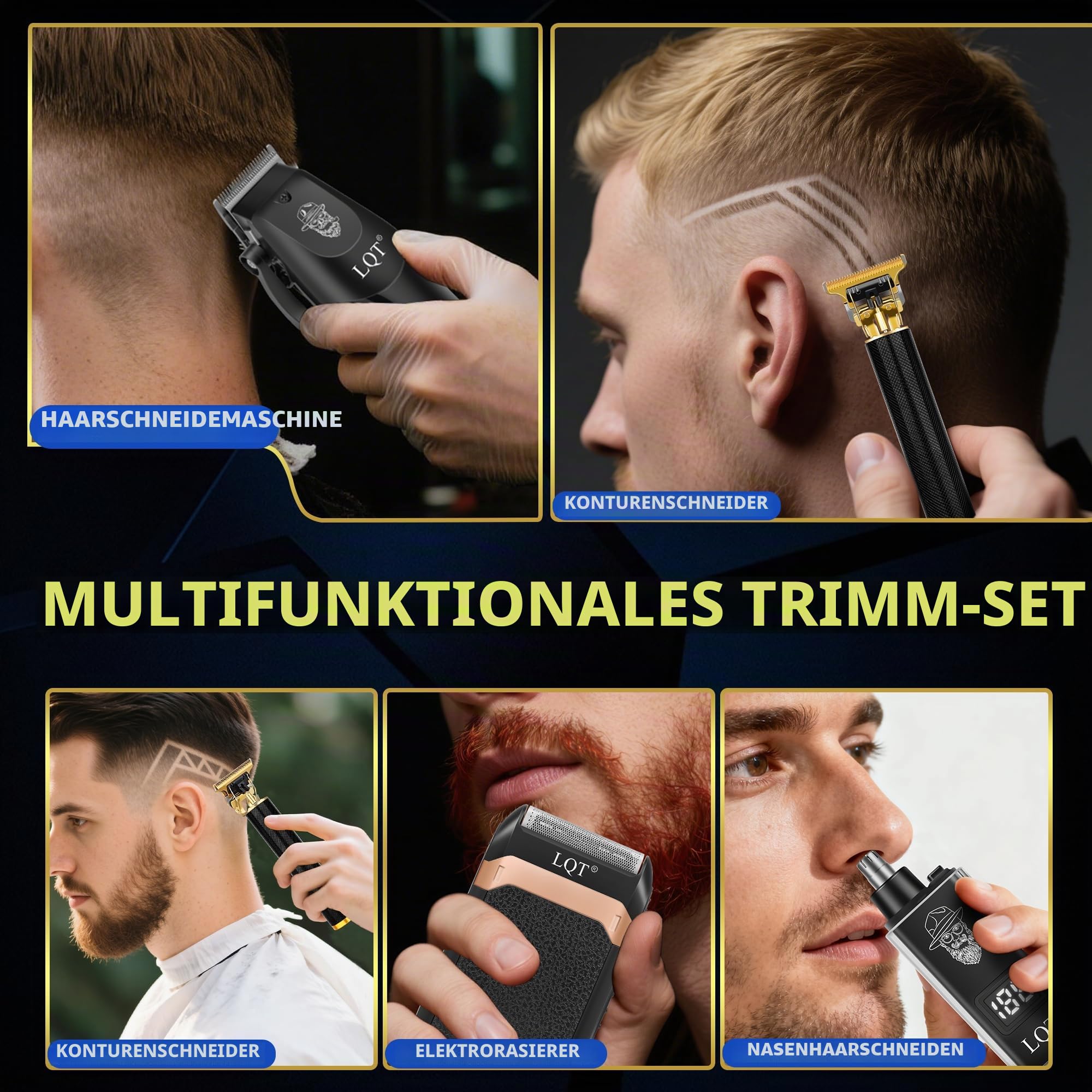 Haarschneidemaschine für Männer mit LED-Display, 4-teiliges schnurloses Pflegeset mit Haarschneidemaschine, Bartschneider, Folienrasierer & Nasentrimmer, Komplettset für den Heimbarber