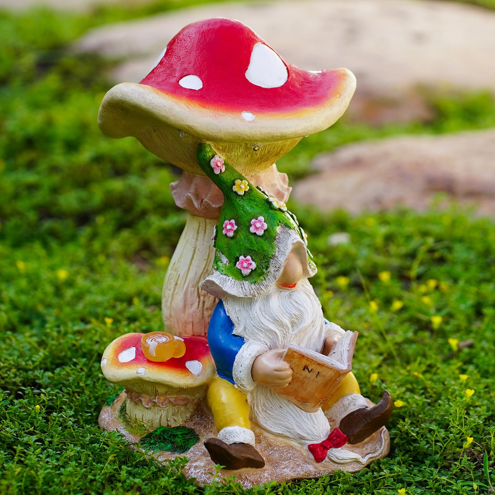 NATASE Upgraded Size Solar Garden Outdoor Statues Gnome Reading Under Mushroom with 5 LED Solar Figurine for Lawn,Patio,Balcony,Yard Decor Unique Housewarming Gift for Grandfather, Father,Grandma,Wen