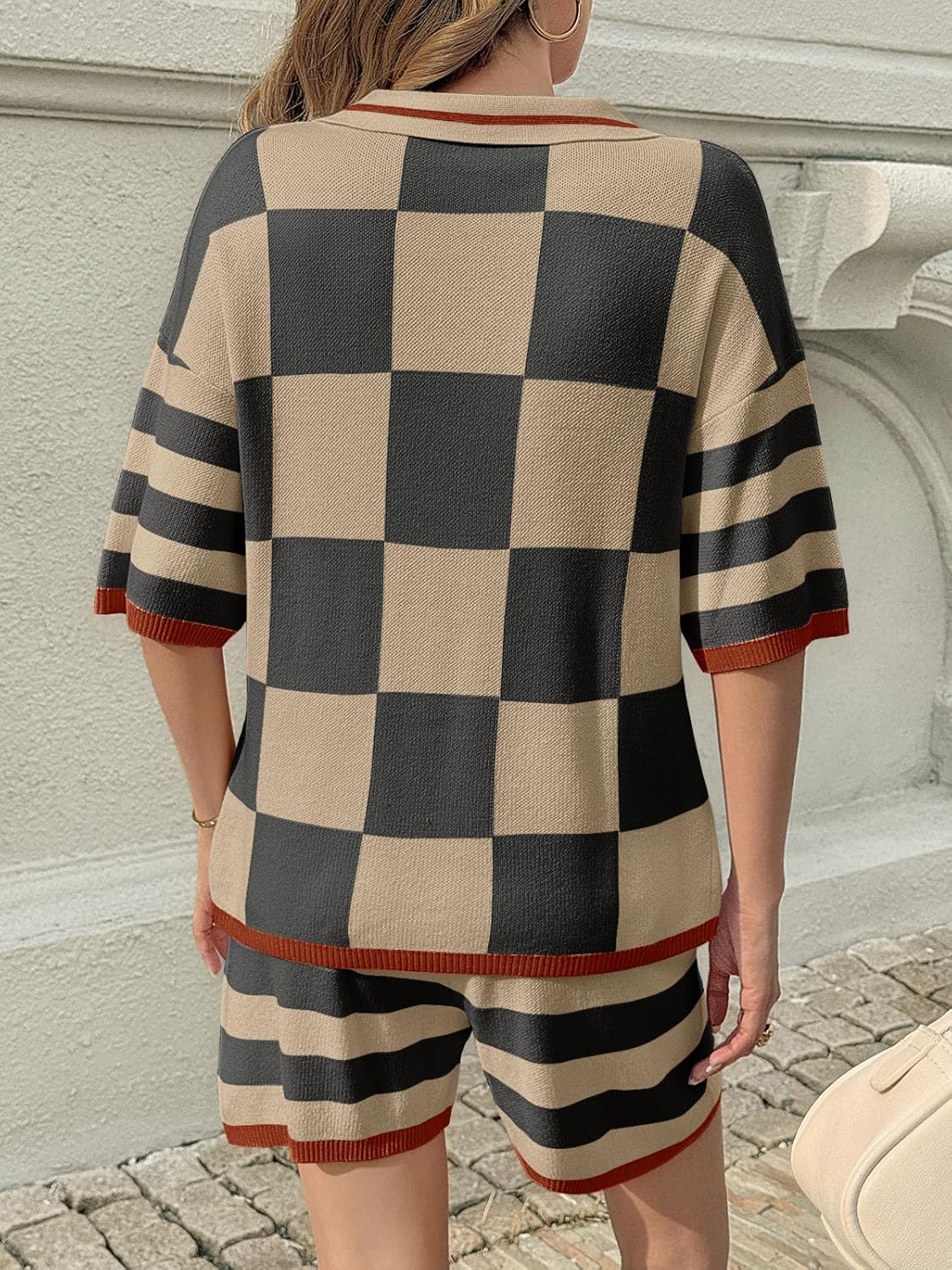 Aoysky Womens 2 Piece Outfits Sweater Sets Color Block Striped Half Sleeve V Neck Knit Tops Shorts Lounge Matching Set - Image 4