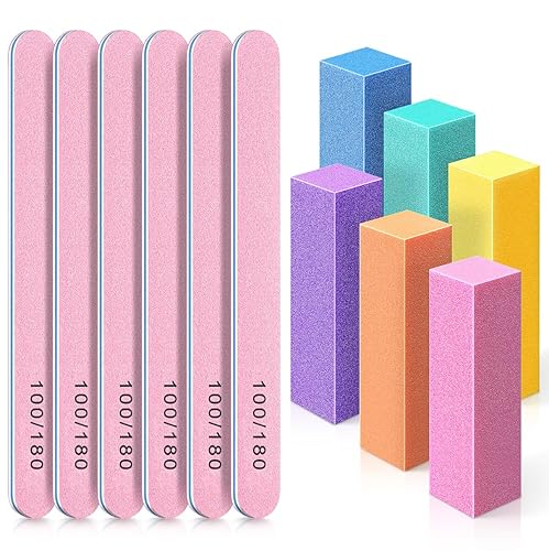 TsMADDTs Nail Buffers and Files, 6PCS Buffer Blocks, 6PCS 100 180 Grit Files, Professional Manicure Tools Kit, Nail Care Tools Kit for Women - Pink