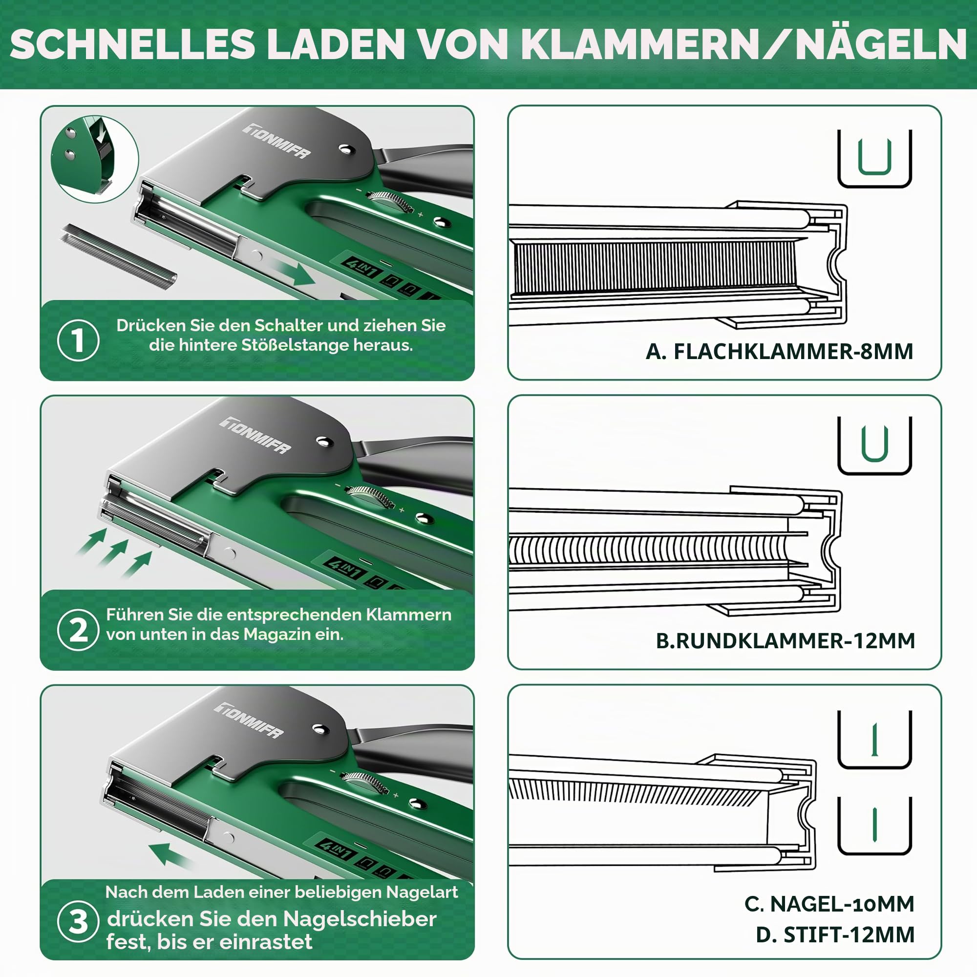 4-in-1 Handtacker für Holz, Möbel und Polsterei, 4000 Klammern, 1080° einstellbare Kraft