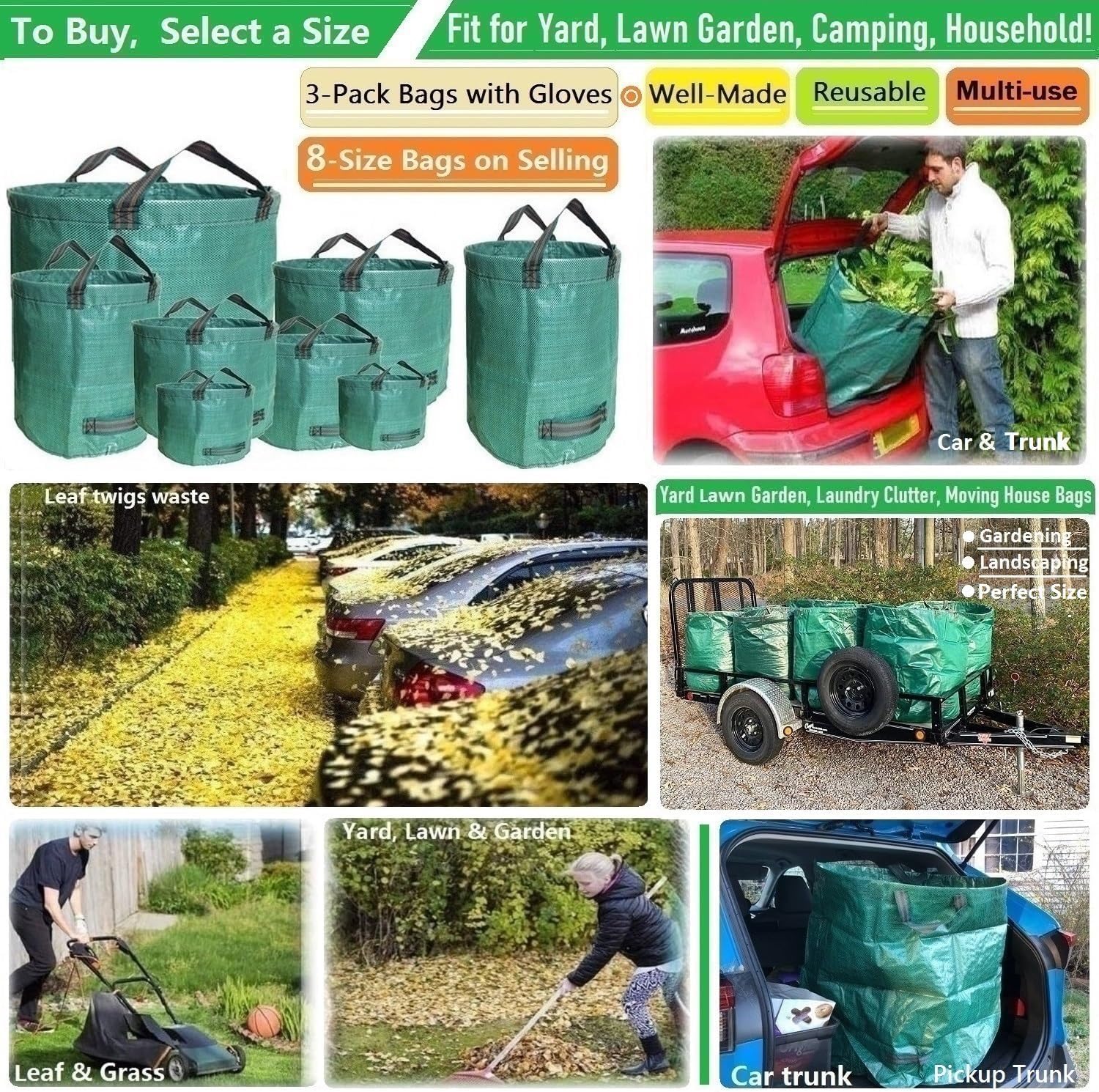 6 Stück 272 L Gartensack Laubsack Gartenabfallsack stabil - Gartensäcke für Gartenabfälle - Laubsäcke Rasenschnitt - Grünschnittsäcke faltbar, groß