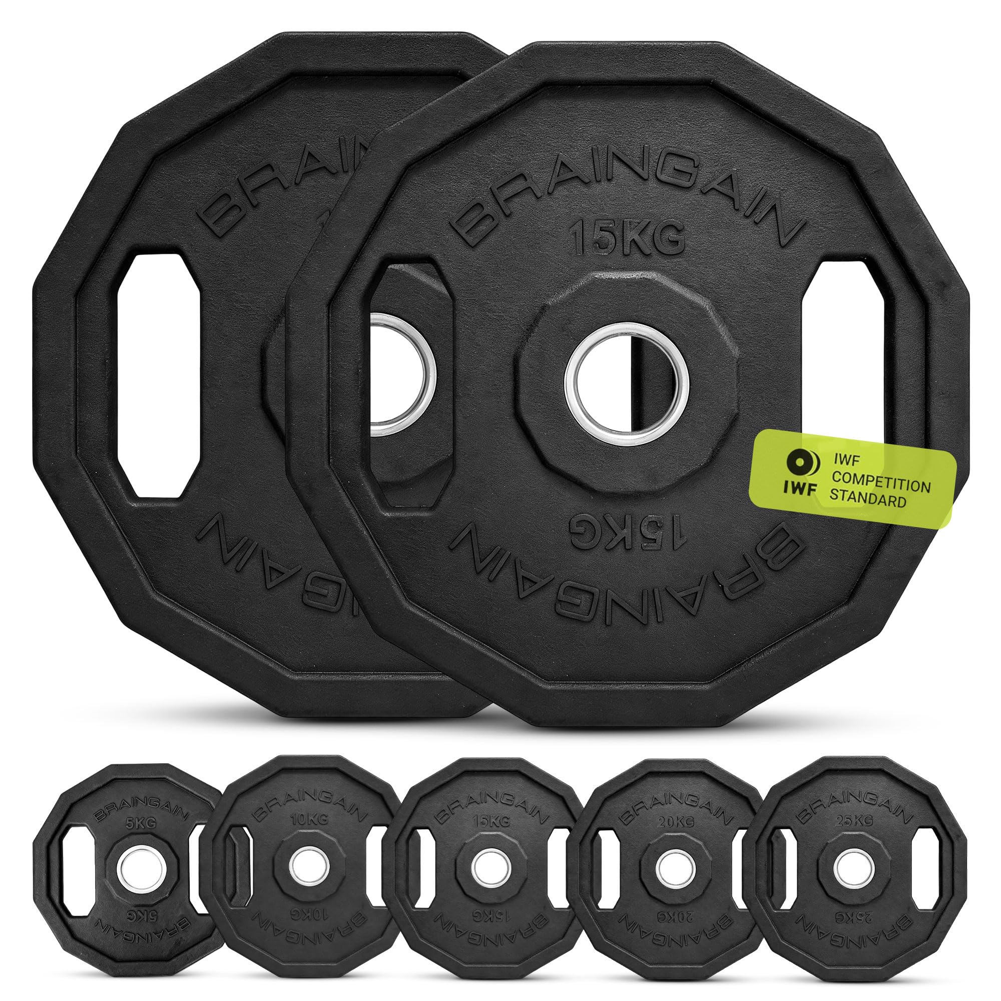 Olympic Weight Plates, 12-Sided Rubber Coated, Black - Available in 5KG, 10KG, 15KG, 20KG and 25KG (15.0, Kilograms)