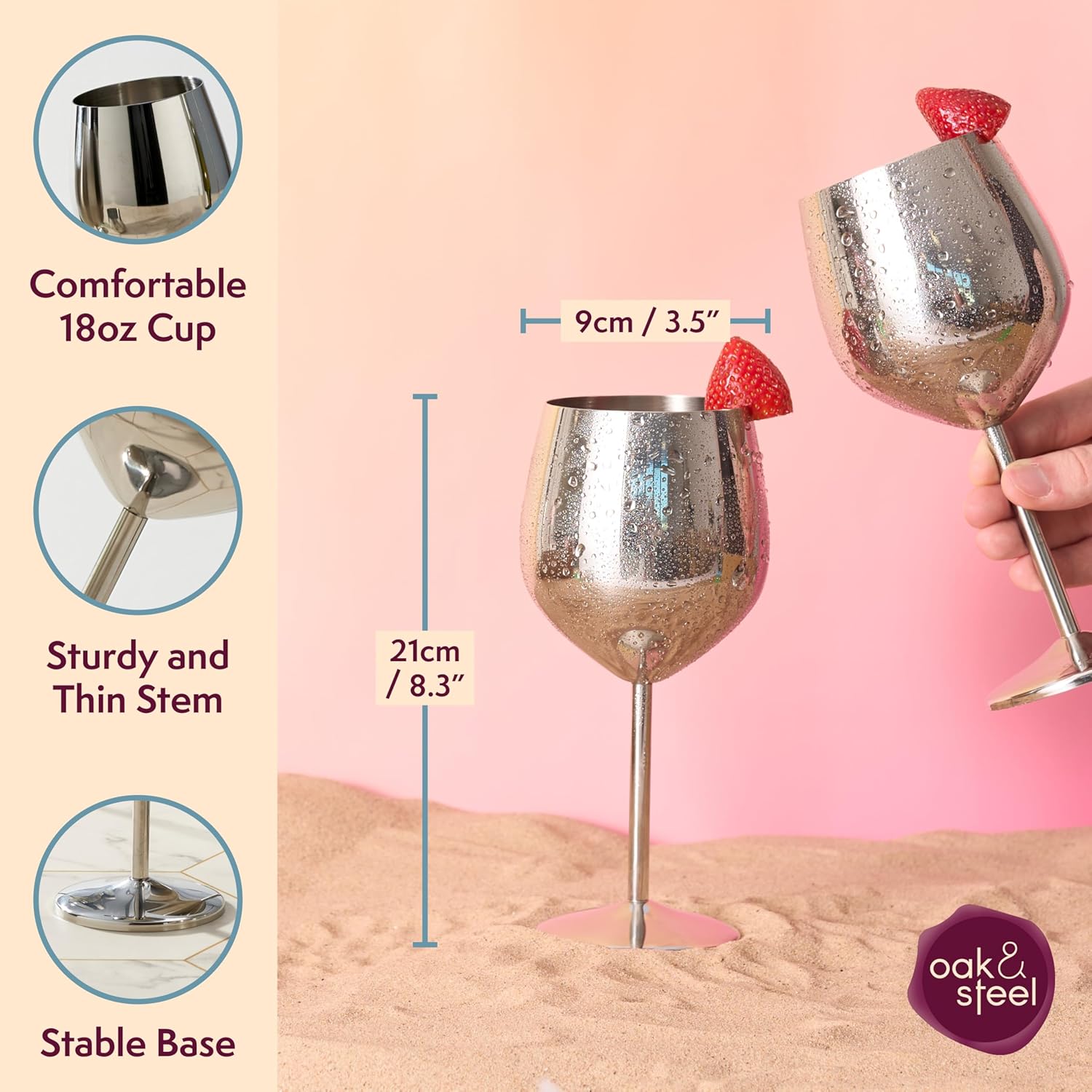Oak & Steel - 2 Silver Stainless Steel Wine Glasses (18 Oz) Unbreakable Metal Wine Glasses, Wine Goblets with Gift Box for House Warming, Valentines, Anniversary - Image 3