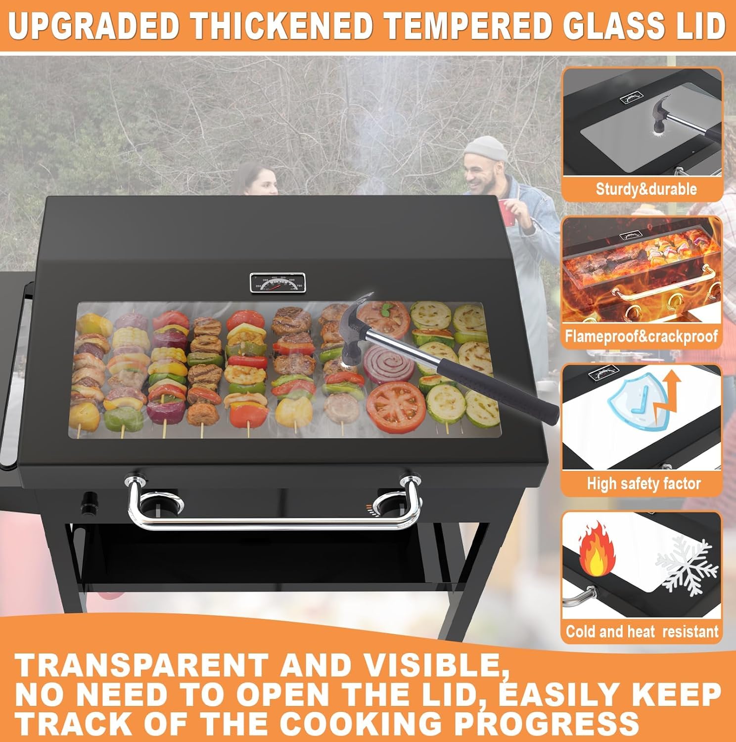 Upgrade Hinged Lid for Blackstone 28" Omnivore Griddle Hood,5857 Visualized Tempered Glass Hard Cover for Blackstone Lid 28" Omnivore 2206 1883 1517 2287 etc.Flat Top Griddle Accessories w/Thermometer