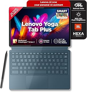 Lenovo Yoga Tab Plus Smartchoice AI Tablet with Pen + Keyboard |12.7" Display, 3K Resolution, 144 Hz|16GB RAM, 512GB ROM|Snapdragon 8 Gen 3|10200 mAh|6 Speakers|USB 3.0 with DP-Out|1Year ADP Free|Teal