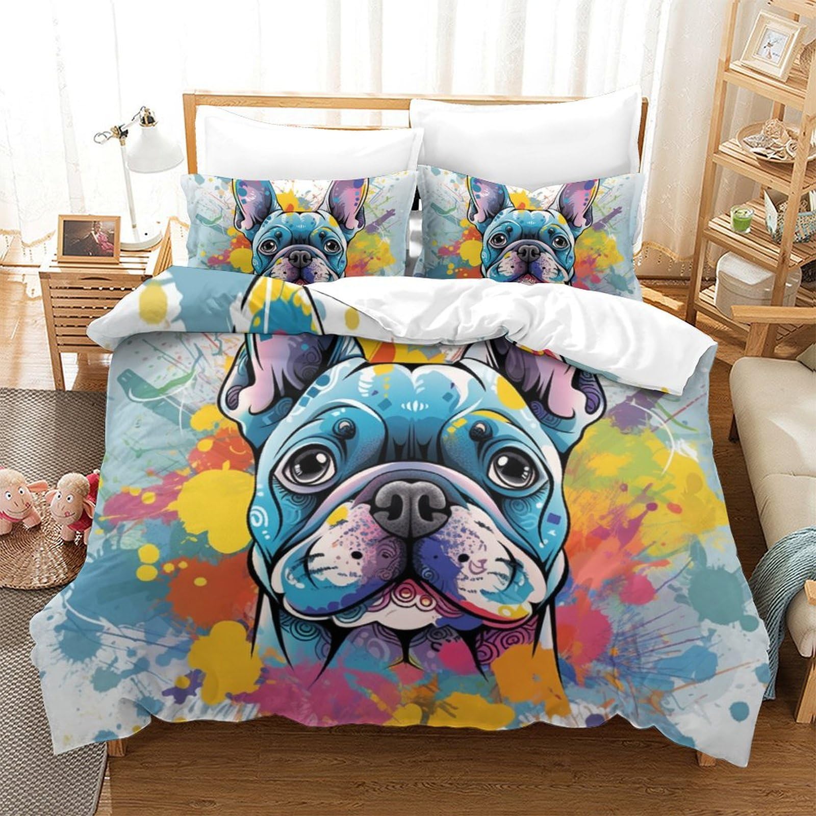 Housse de couette Bouledogue Français parure de lit 3D microfibre avec taie d'oreiller