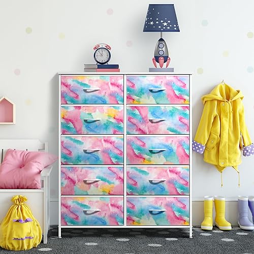 Miniatura 6 de Sorbus Cómoda para niños con 10 cajones, unidad organizadora de cofre de almacenamiento, mesita de noche, marco de acero, parte superior de madera,