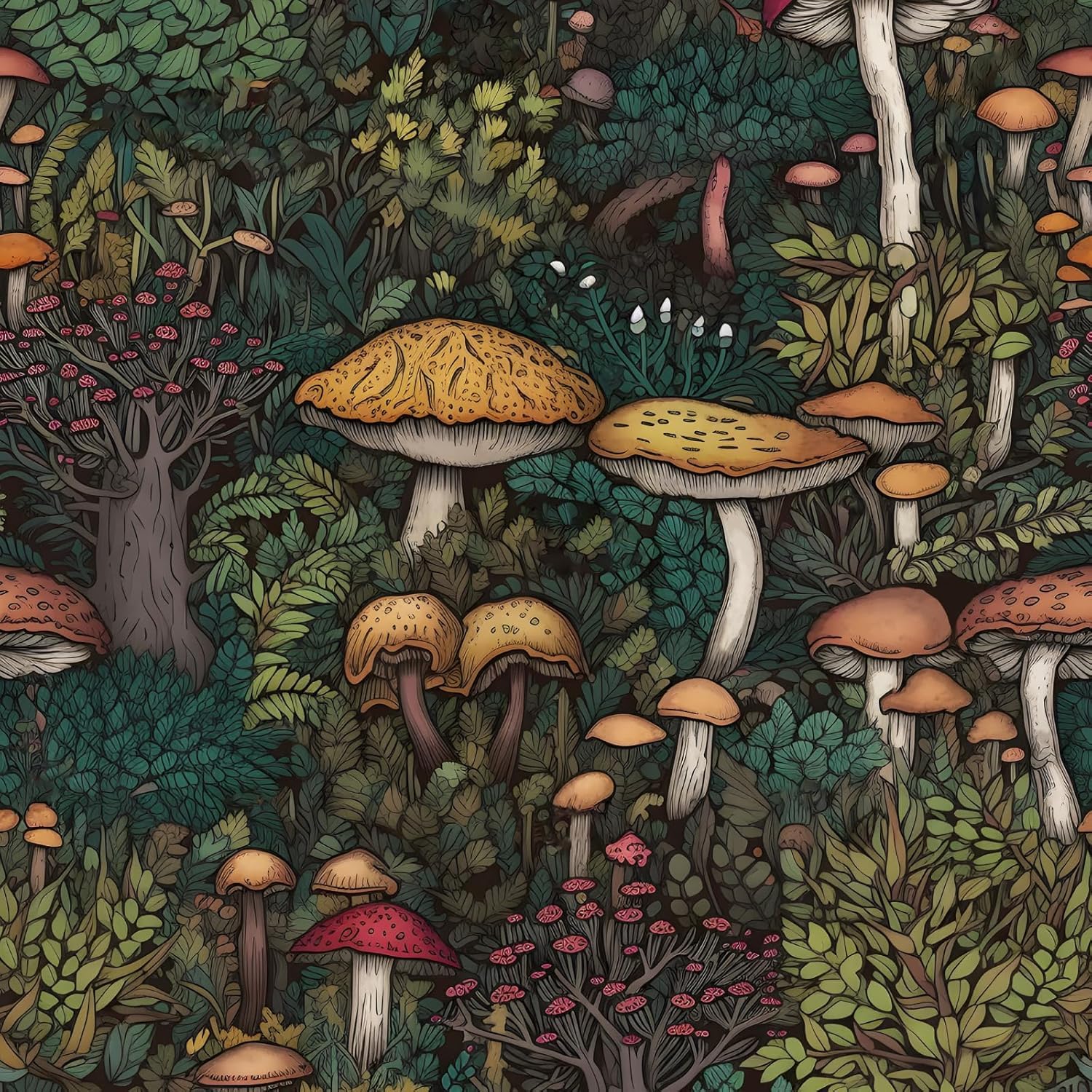 Mushroom Wallpaper Peel and Stick Vintage Boho Mushroom Contact Paper Dark Floral Wallpaper Waterproof Self-Adhesive Wall Covering for Bedroom