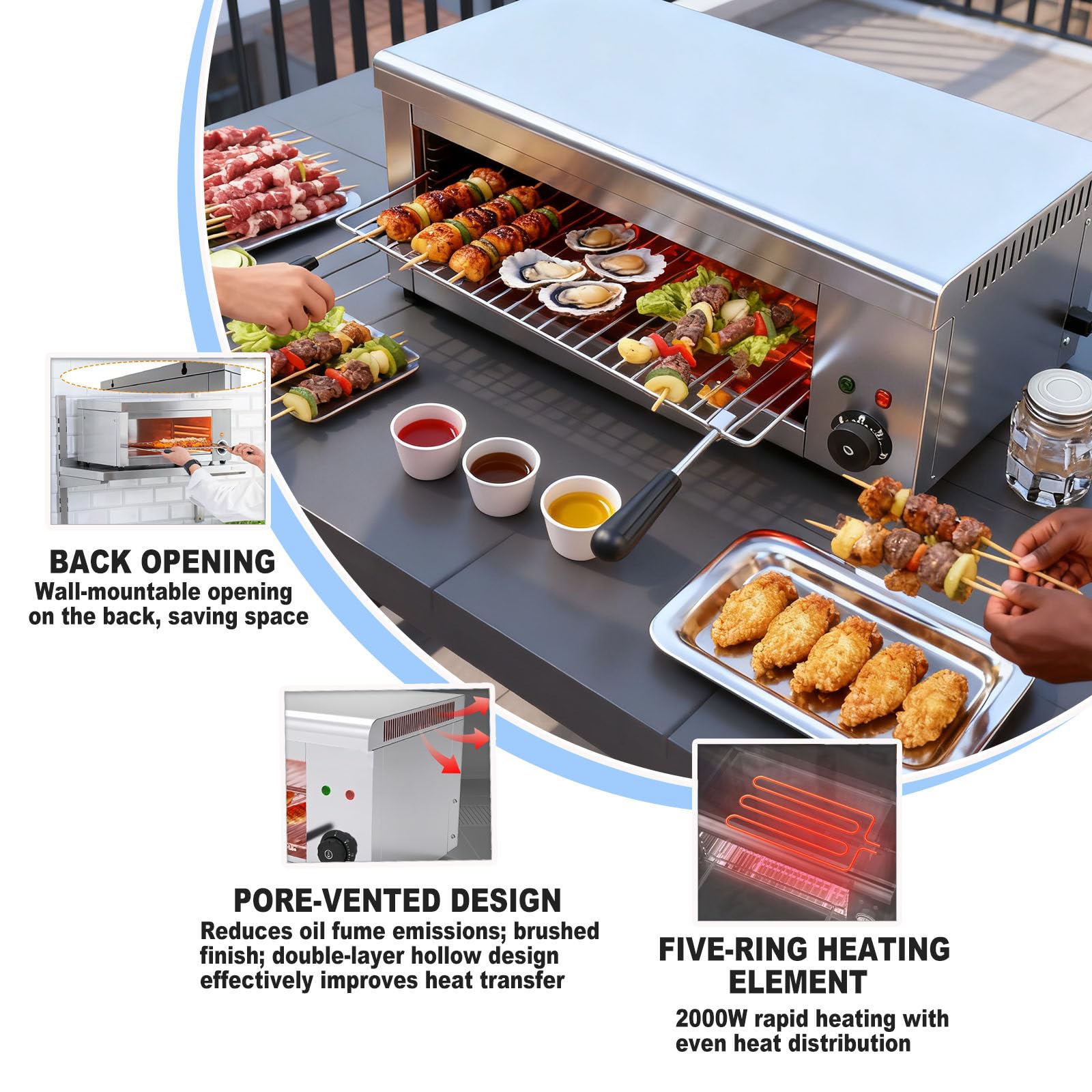 Asador eléctrico de salamandra, horno de carne y derretimiento de queso, 2000 W, rango de temperatura de 50 a 300 °C, ideal para asar filetes y derretir queso