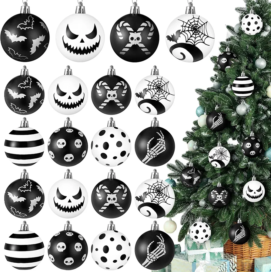 Janinka 24 Pcs Christmas Tree Ball Ornaments Set, 2.4 Inch Gothic Creepy Before Christmas Hanging Ornaments Black and White Plastic Spooky Ball for Xmas Tree Home Decor Halloween Holiday Party Supply
