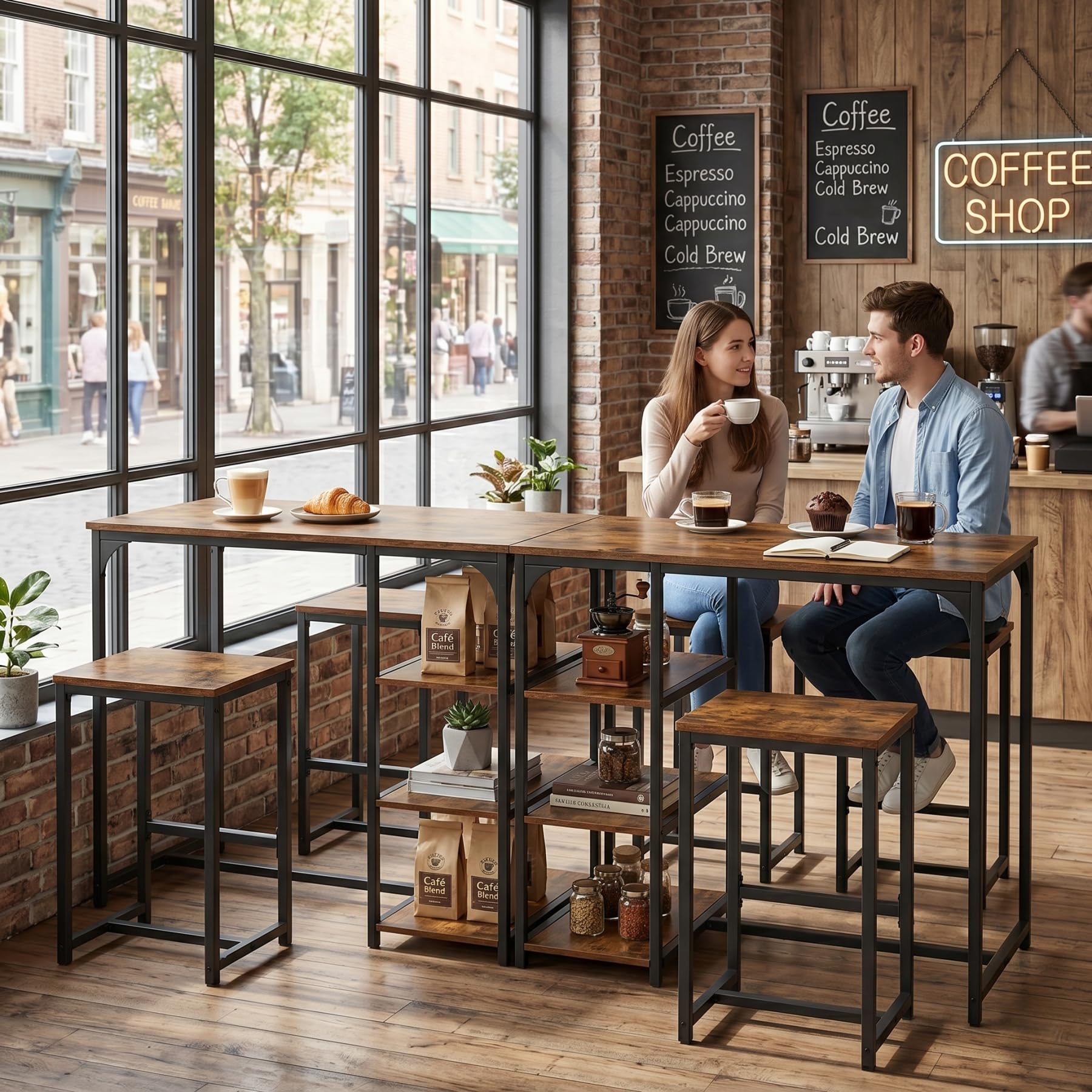 Ensemble Table de Bar avec 2 Tabourets, Table Haute Mange Debout avec 3 Étagères, Style Industriel, pour Petit Espace Cuisine, Salle à Manger, Salon, Bar, Bistrot, Balcon, Marron et Noir