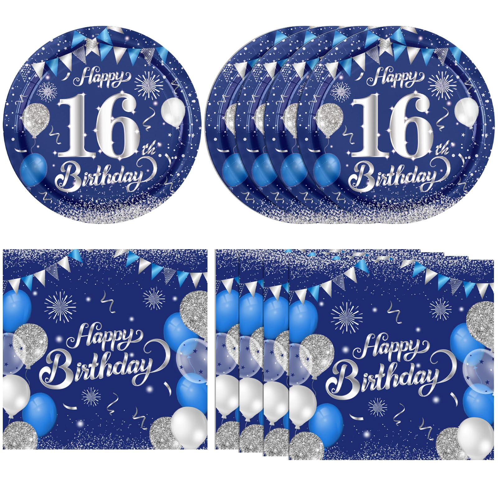Photo 1 of 16th Birthday Decorations for Boys16th Birthday Party Tableware Set 16 Years Old Birthday Party Dessert Plates Napkins Blue and Silver Happy 16th Birthday Party Decorations Supplies for Boys Girls