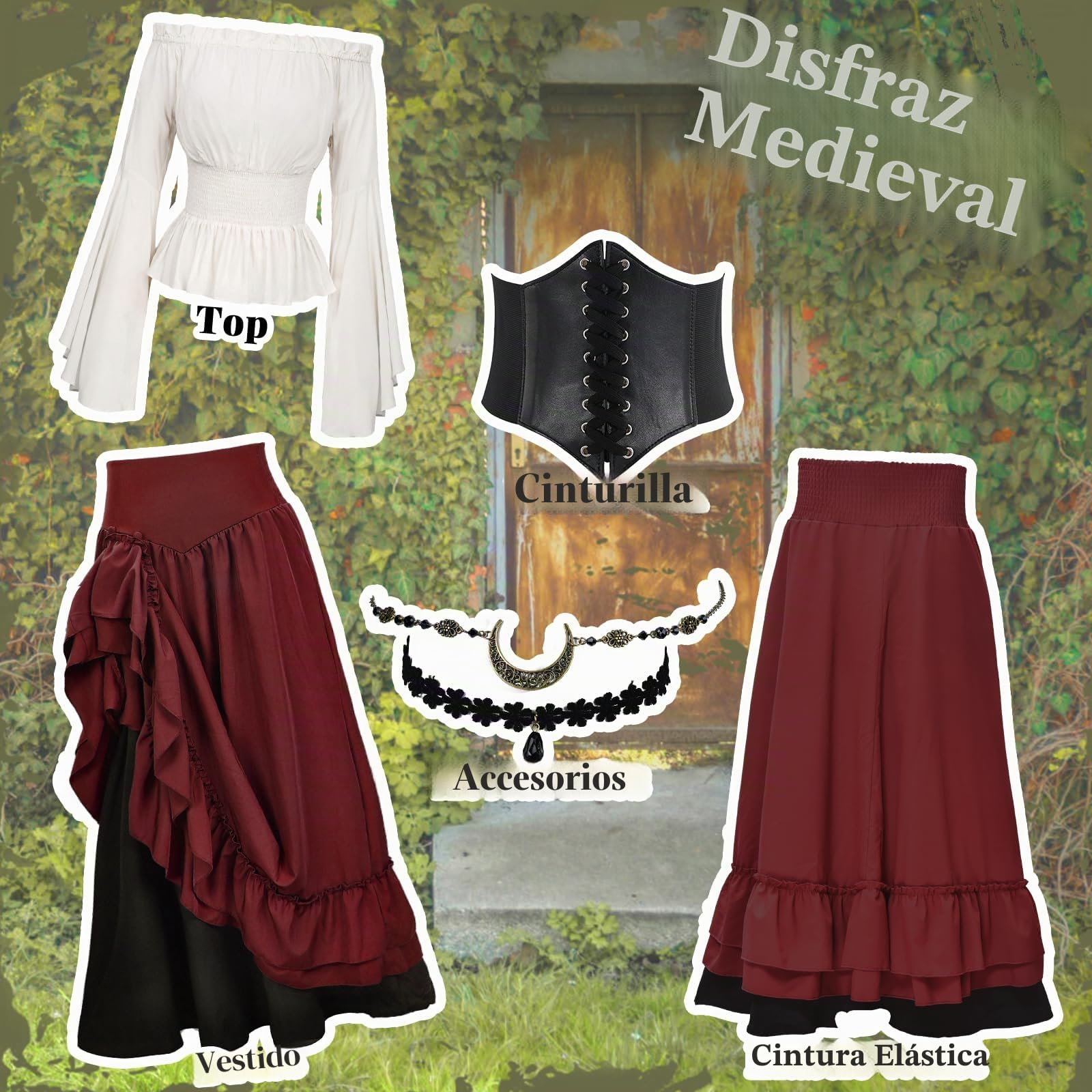 JONRRYIN Falda Larga Medieval para Mujer, Costume Victoriano Renacentista, Manga Acampanada Bohemio Vestido, Ropa Gótico Vintage Carnaval Halloween