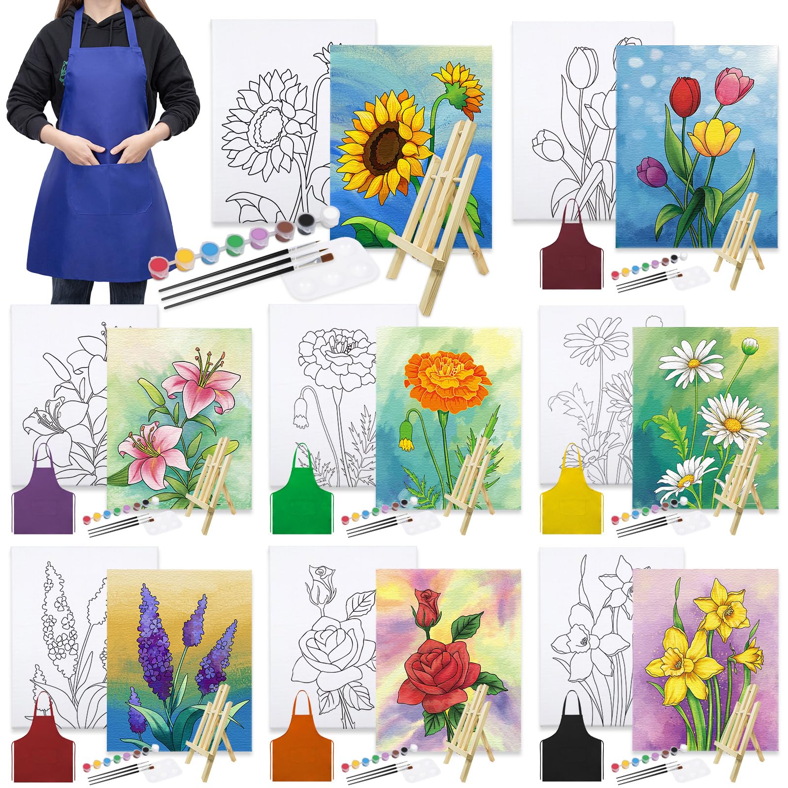 VOCHIC 8 Pack Paint and Sip Kit for Adults,Flower Theme Pre Drawn Canvas Painting Set for Lady Night Party Supplies Stretched Outline Canvas with Aprons,Easels, Paints,Brushes, Pallet,Image(8x10)